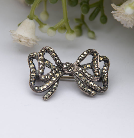 Vintage Sterling Silver Marcasite Bow Brooch - Art Deco Style | Cute Bow Jewellery