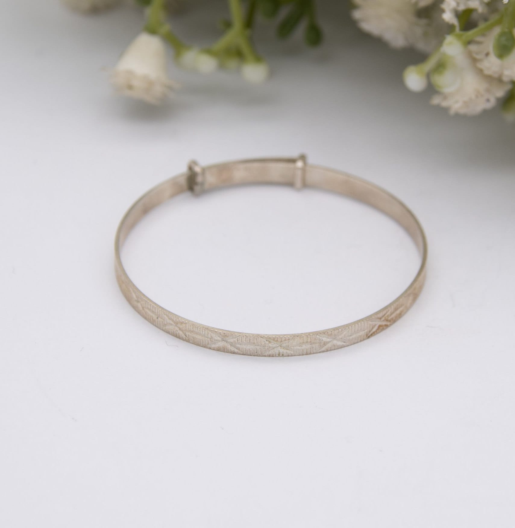 Vintage Sterling Silver Baby Bangle Bracelet - Expanding Child Bangle | Engine Turned Diamond Cut