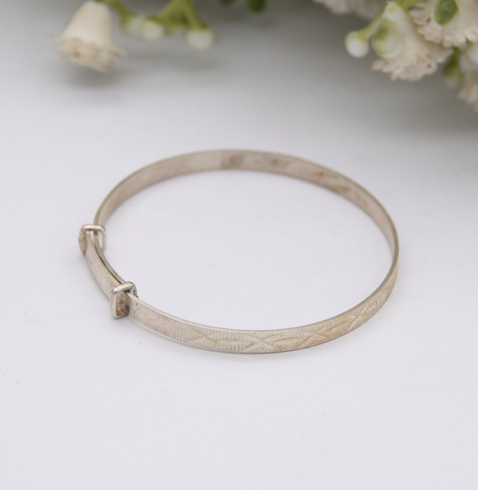 Vintage Sterling Silver Baby Bangle Bracelet - Expanding Child Bangle | Engine Turned Diamond Cut