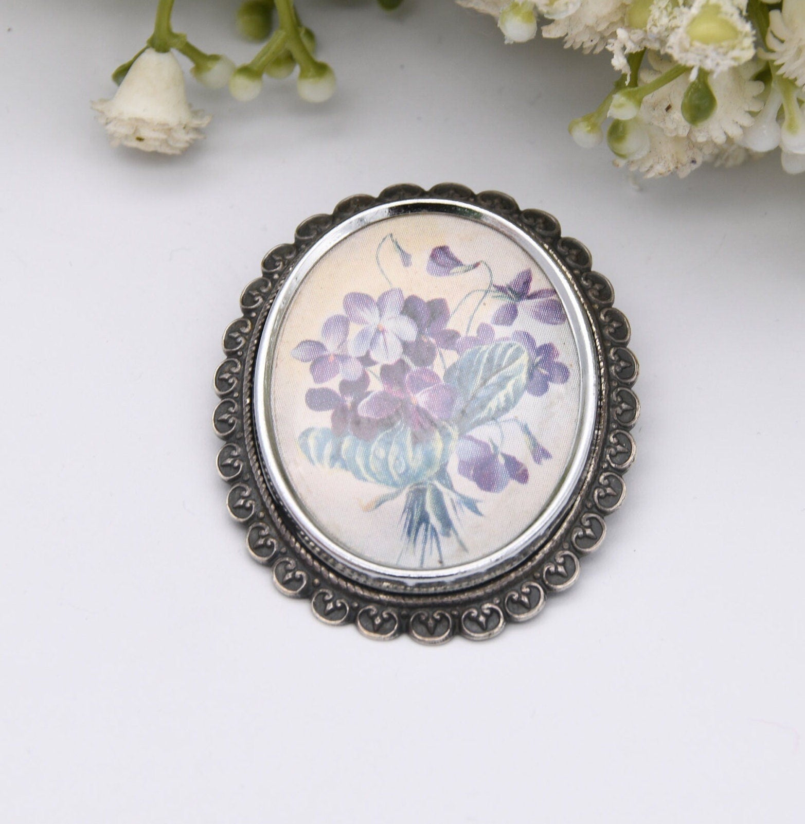 Vintage TLM Flower Painting Style Brooch - Thomas L Mott Large Brooch | Made in England