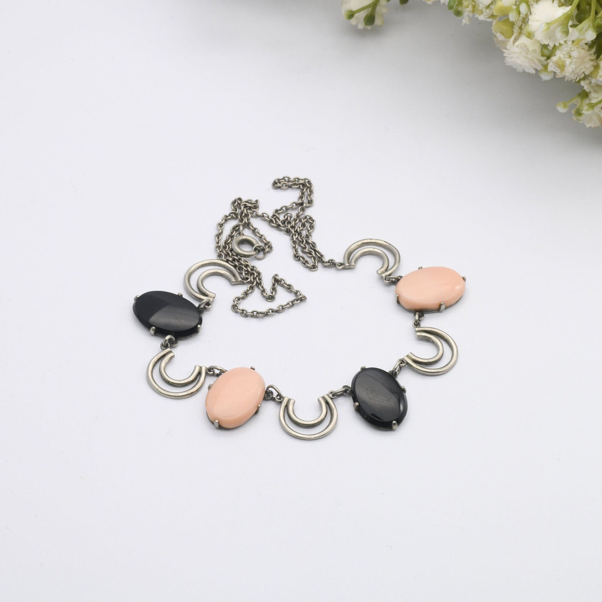 Vintage Art Deco Necklace with Coloured Glass Pendant Fringe Drops - Machine Age | Pink & Black | 20th Century Silver Tone Costume Jewellery