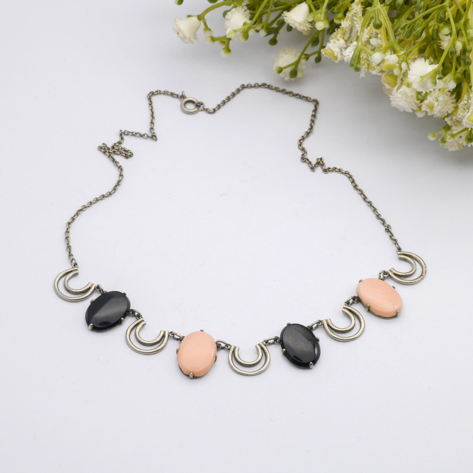 Vintage Art Deco Necklace with Coloured Glass Pendant Fringe Drops - Machine Age | Pink & Black | 20th Century Silver Tone Costume Jewellery