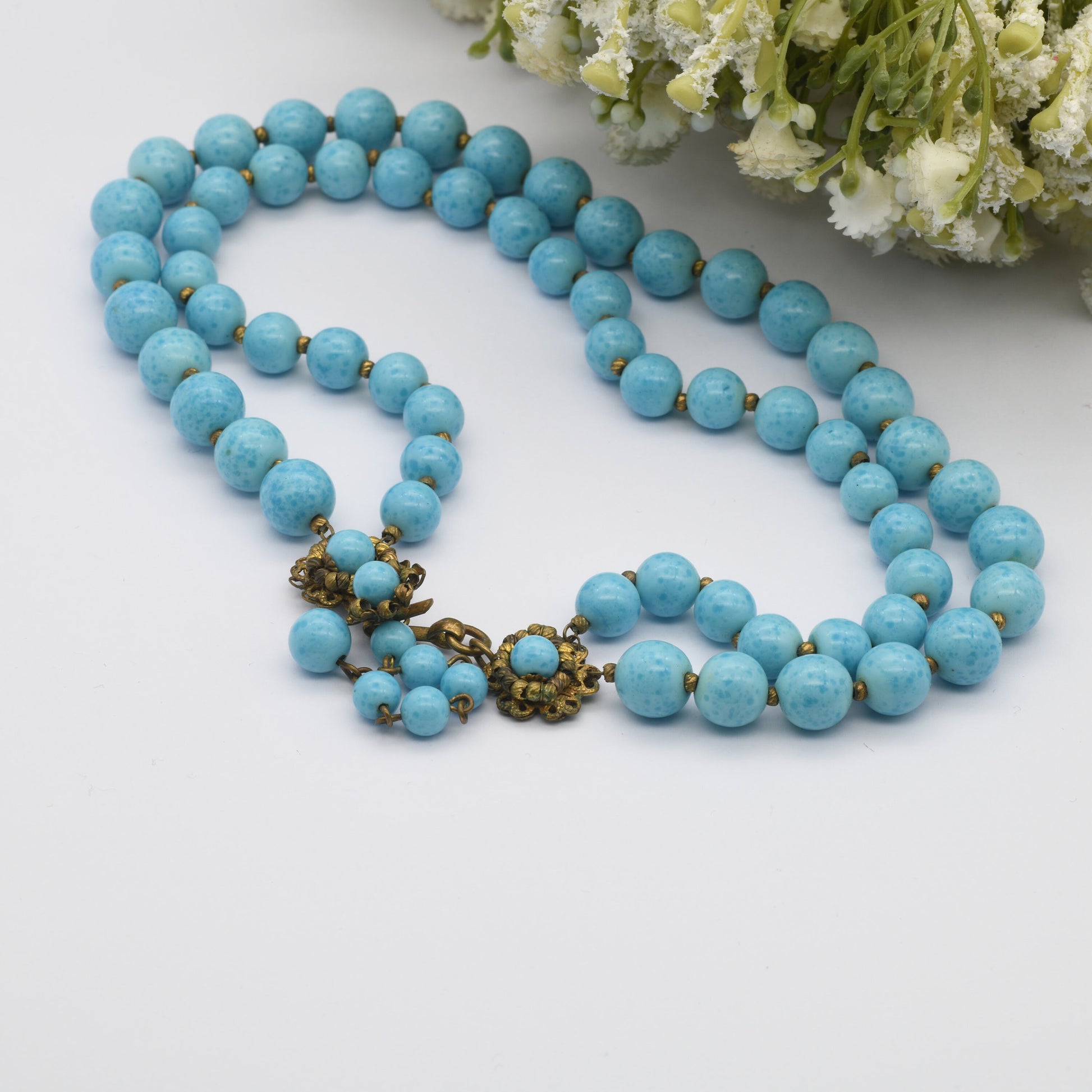 Miriam Haskell Signed Glass Bead Collar Necklace - Vintage American Designer Jewellery | Two Strand | Turquoise Peking Glass | Ornate Clasp