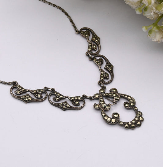 Vintage Marcasite Pendant Necklace - Ornate Scrolling Design | Integral Pendant Drop | Snail Link Chain