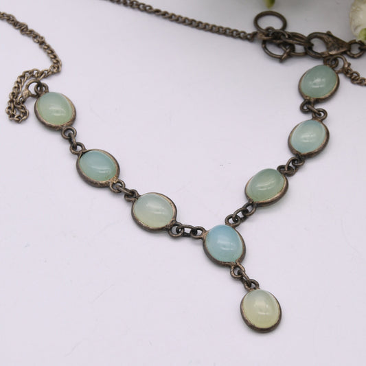 Vintage Opalised Glass Sterling Silver Necklace - Frosted Blue Glass | Cabochon Stones