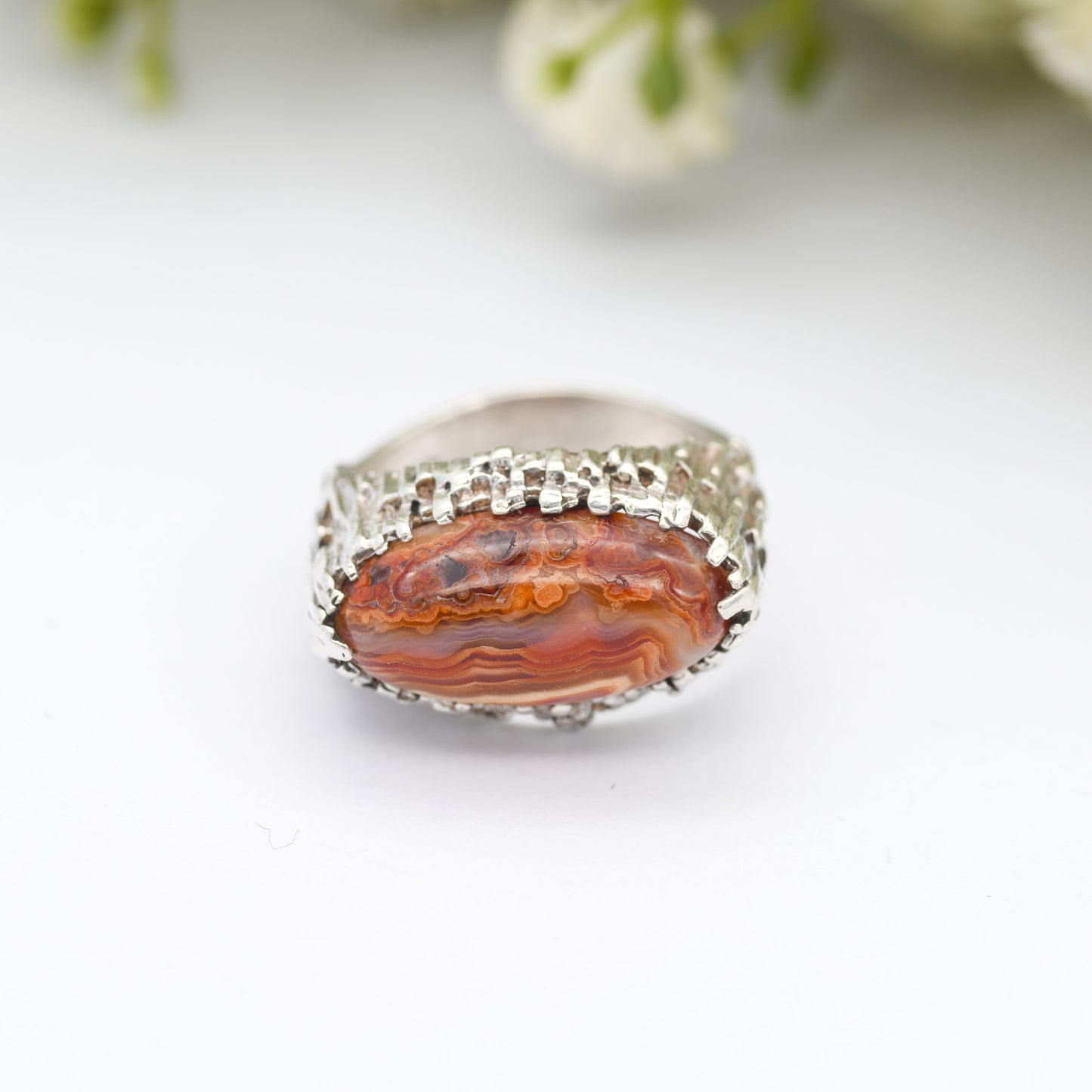 Vintage Sterling Silver Brutalist Gemstone Ring 1976 - Mid-Century Modernist Architectural Ring | Red Jasper | UK Size - O | US Size - 7 1/4