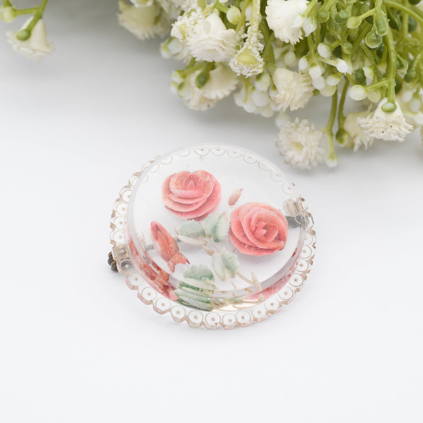 Vintage Lucite Reverse Carved Roses Brooch - Hand Painted | Early Plastic Flower Costume Jewellery