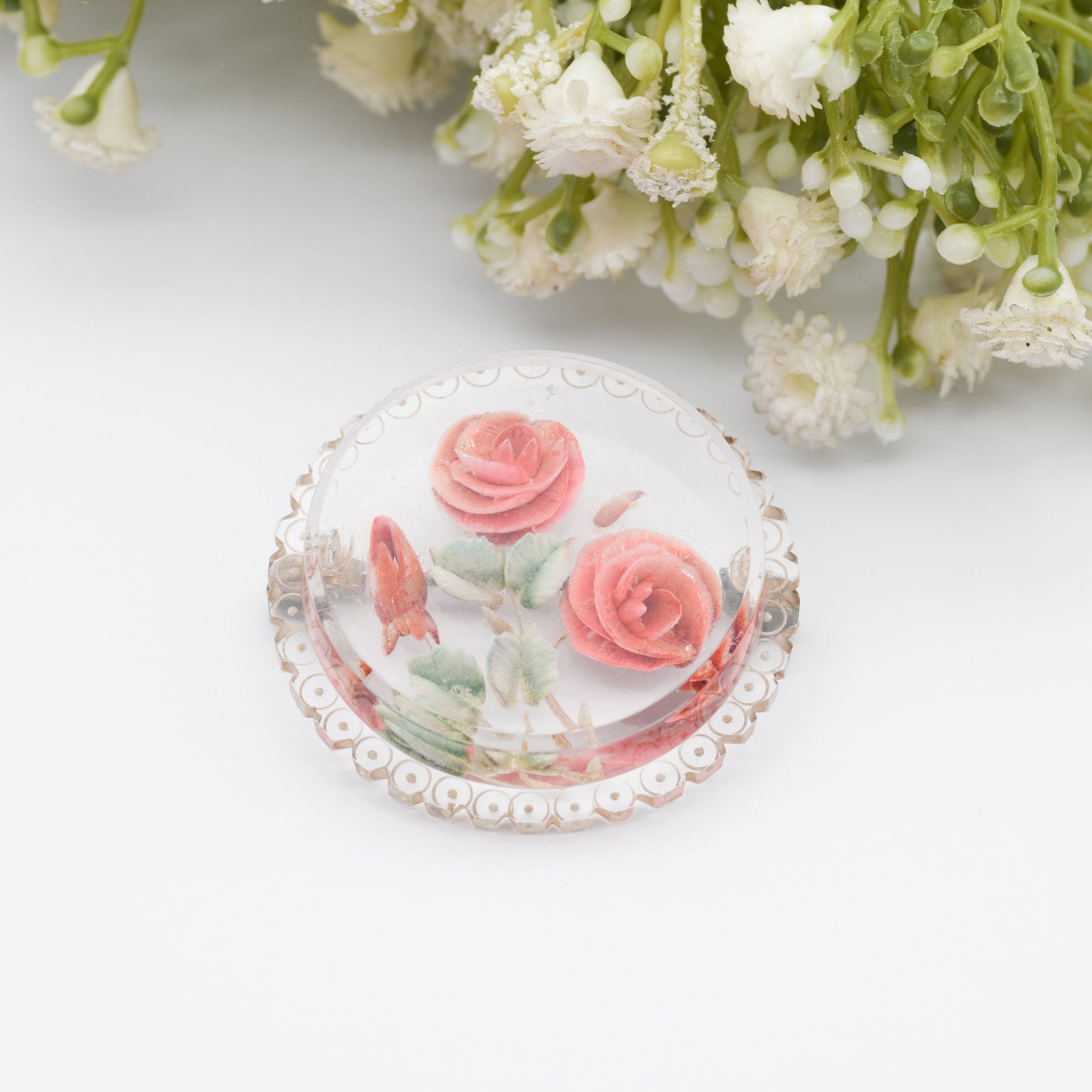 Vintage Lucite Reverse Carved Roses Brooch - Hand Painted | Early Plastic Flower Costume Jewellery