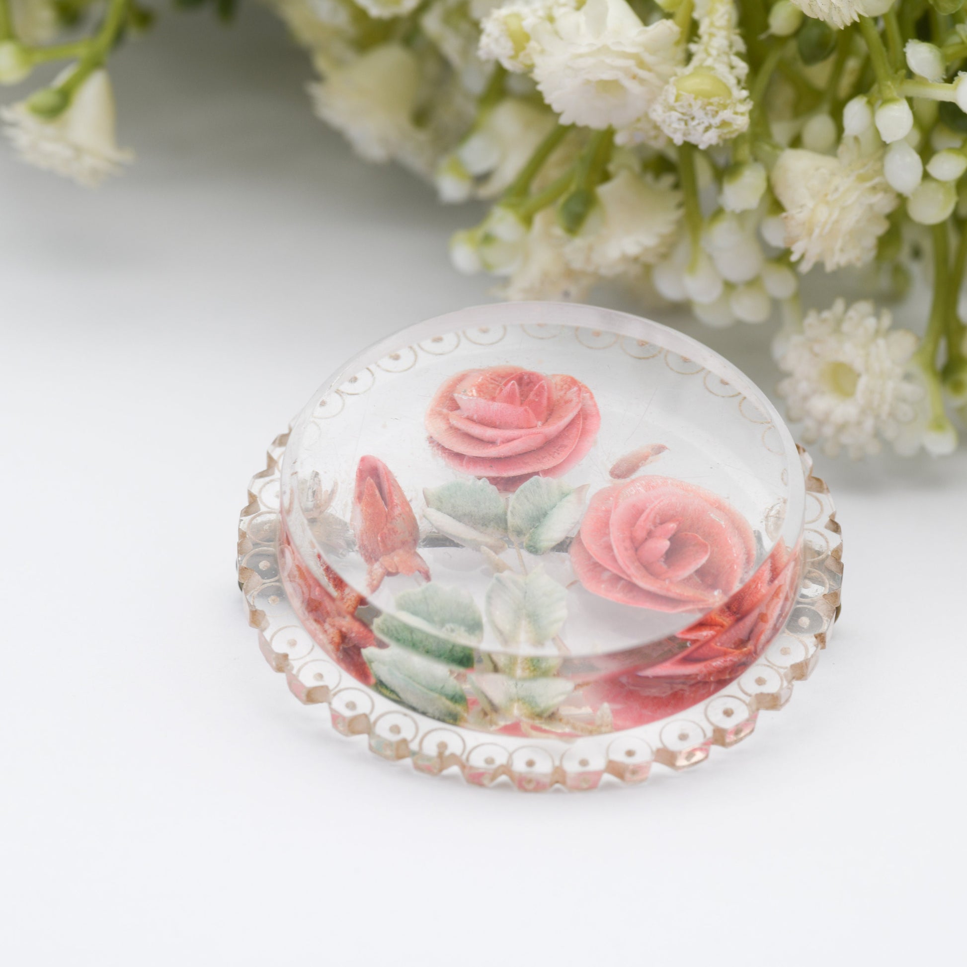 Vintage Lucite Reverse Carved Roses Brooch - Hand Painted | Early Plastic Flower Costume Jewellery