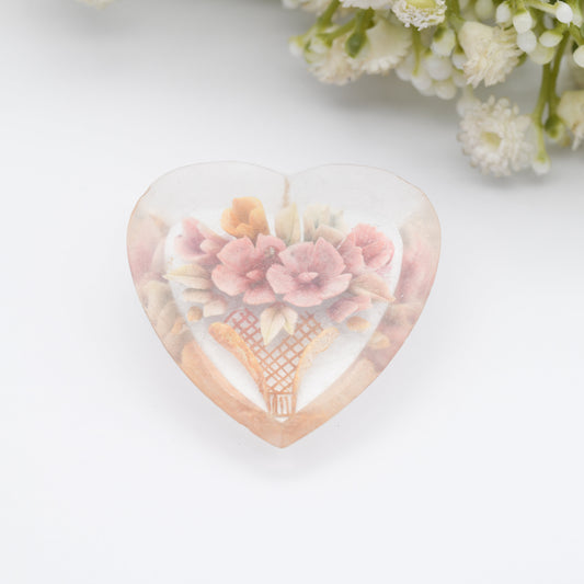 Vintage Lucite Reverse Carved Jardinière Heart Brooch - Hand Painted | Early Plastic Costume Jewellery | Vase of Flowers