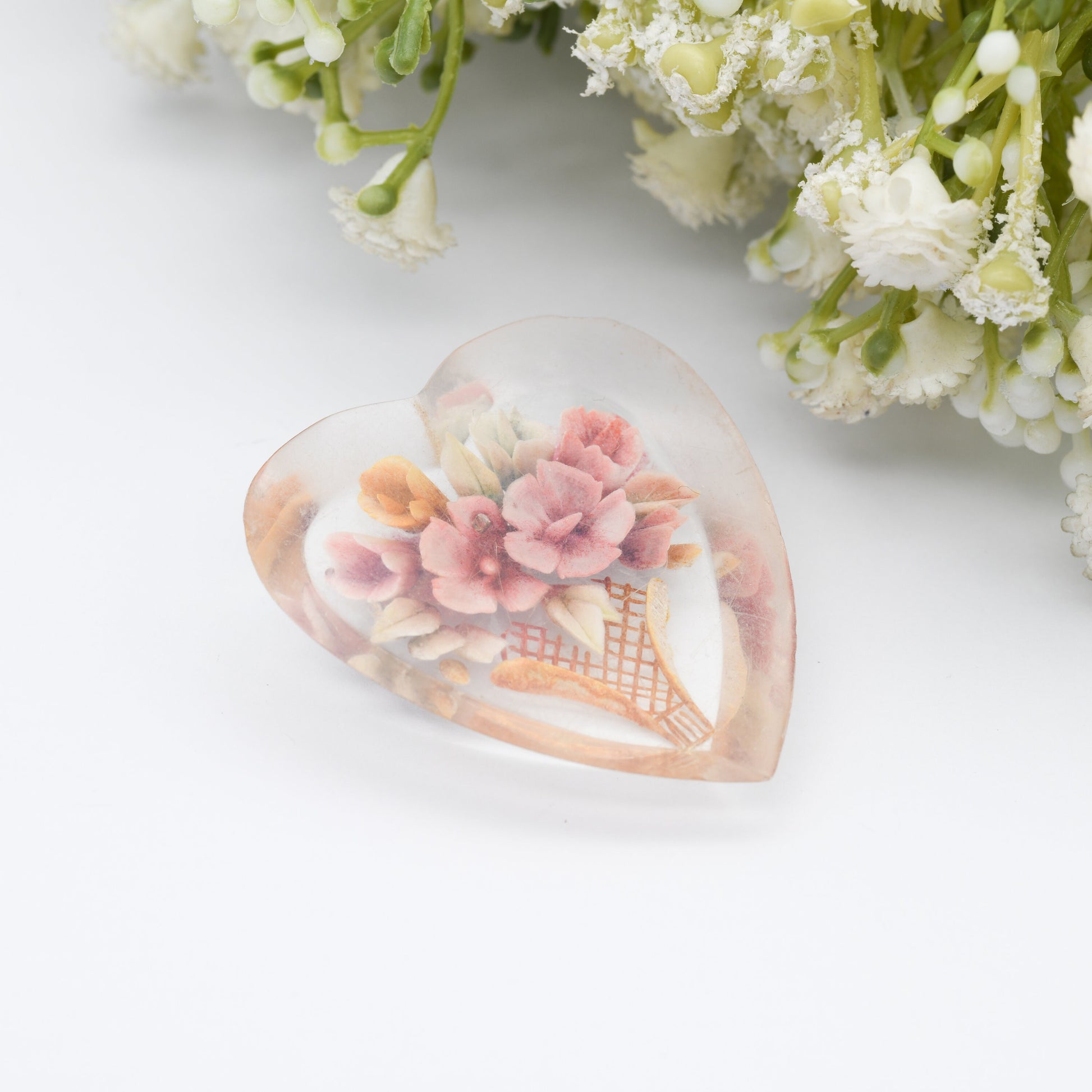 Vintage Lucite Reverse Carved Jardinière Heart Brooch - Hand Painted | Early Plastic Costume Jewellery | Vase of Flowers