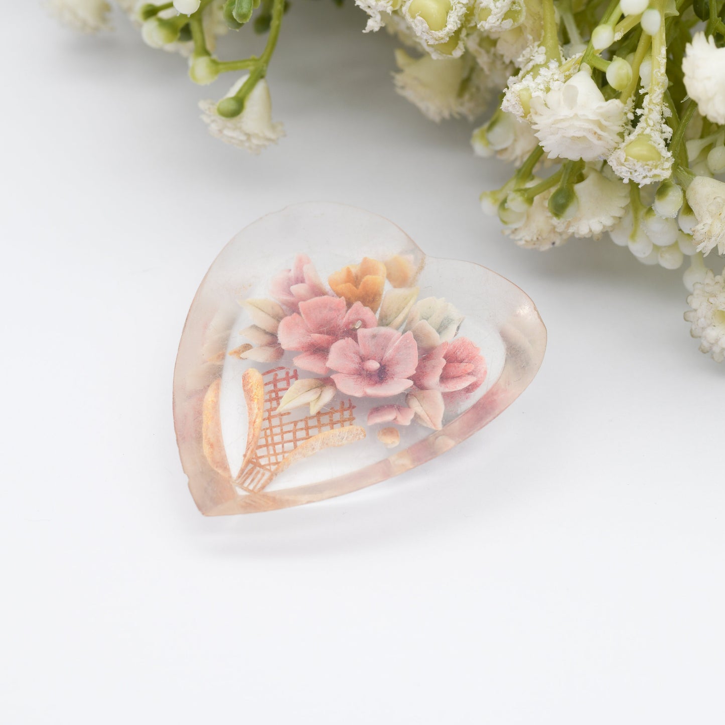 Vintage Lucite Reverse Carved Jardinière Heart Brooch - Hand Painted | Early Plastic Costume Jewellery | Vase of Flowers