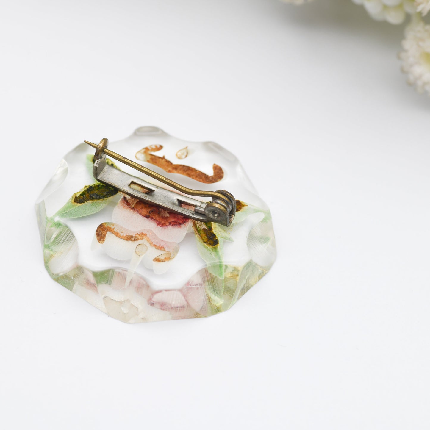 Vintage Lucite Reverse Carved Rose Flower Brooch - Hand Painted | Early Plastic Costume Jewellery