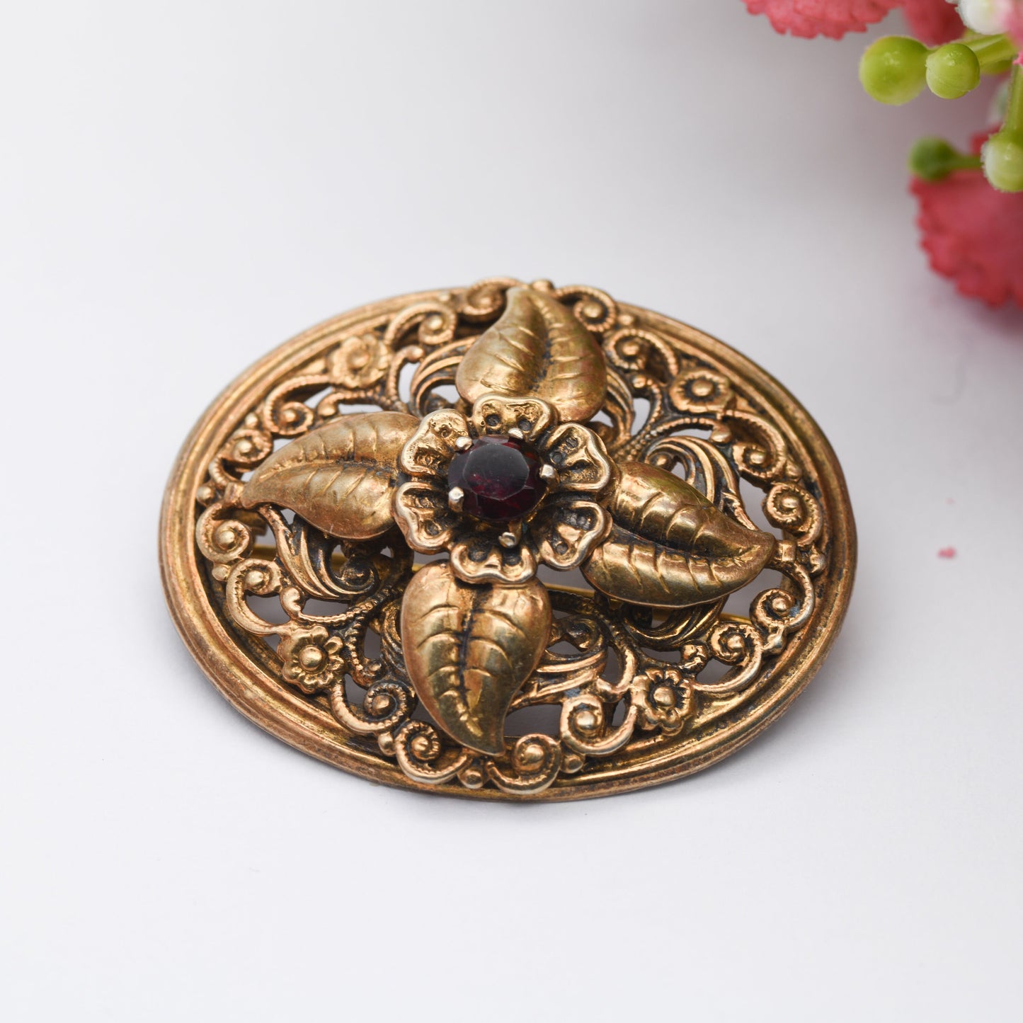 Antique Ward Brothers Sterling Silver Gold Gilt Brooch - Victorian Flowers and Red Paste Stone