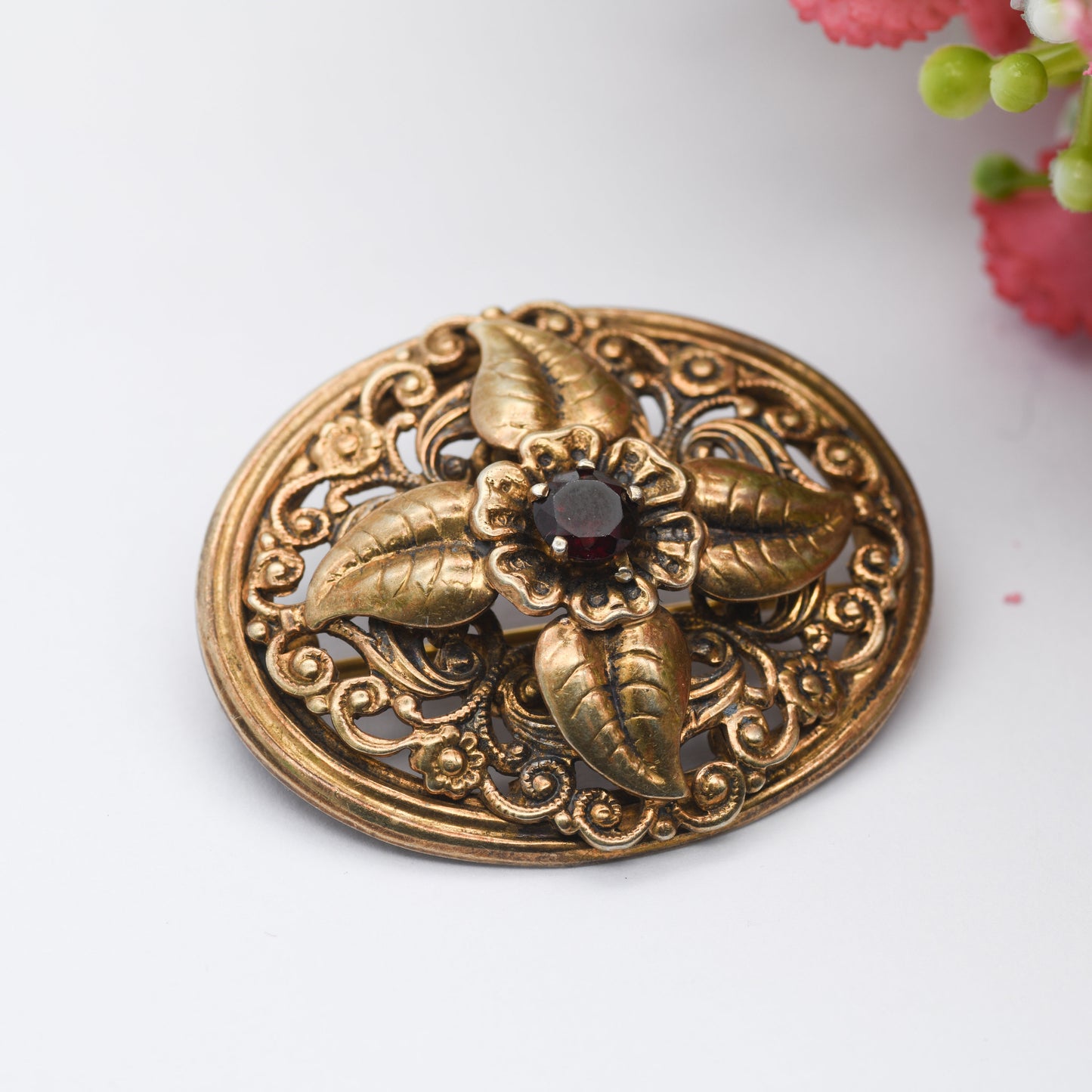 Antique Ward Brothers Sterling Silver Gold Gilt Brooch - Victorian Flowers and Red Paste Stone