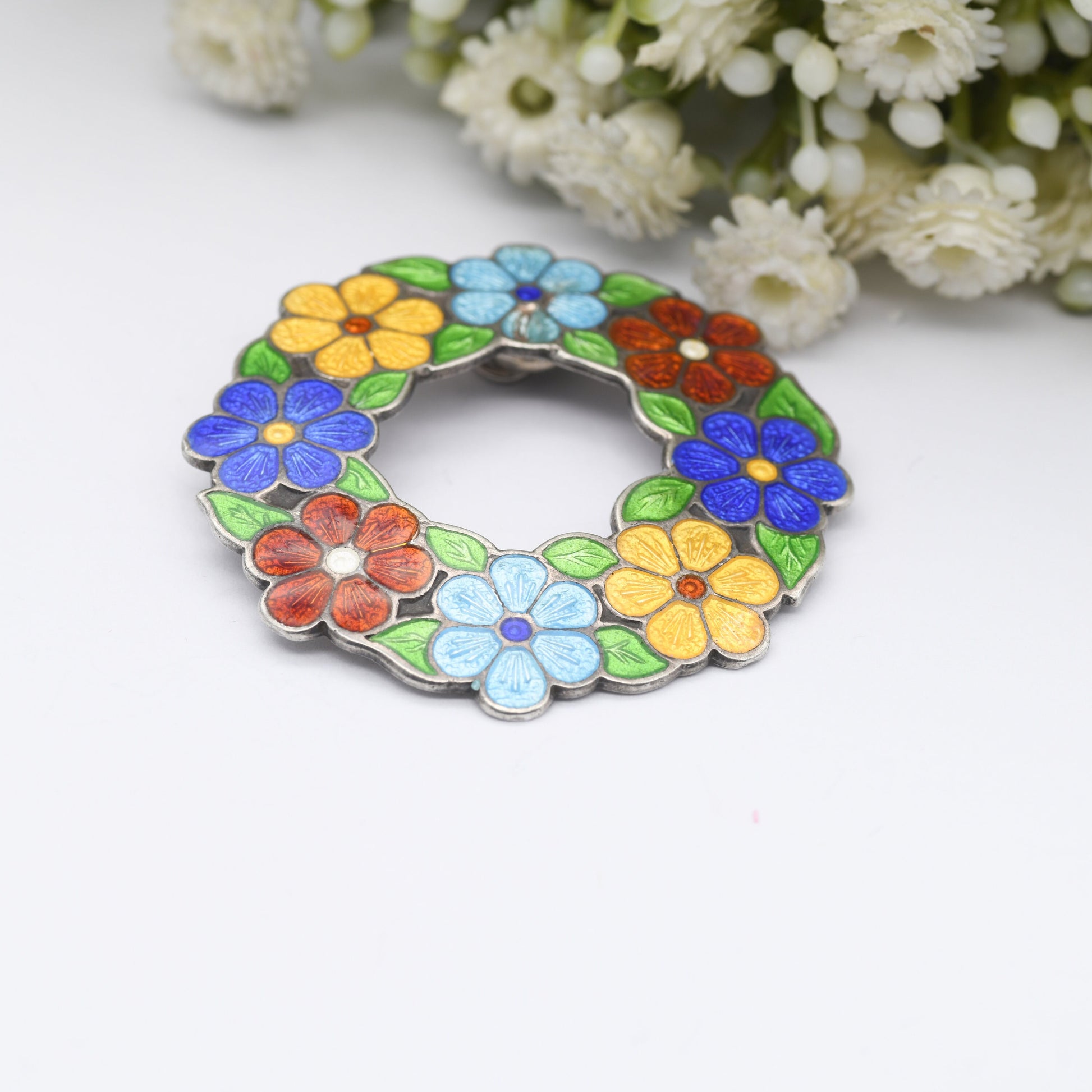 Vintage Sterling Silver Enamel Flower Wreath Pendant 1946 by A H Darby & Son - Bright Guilloche Enamel | Spring Jewellery