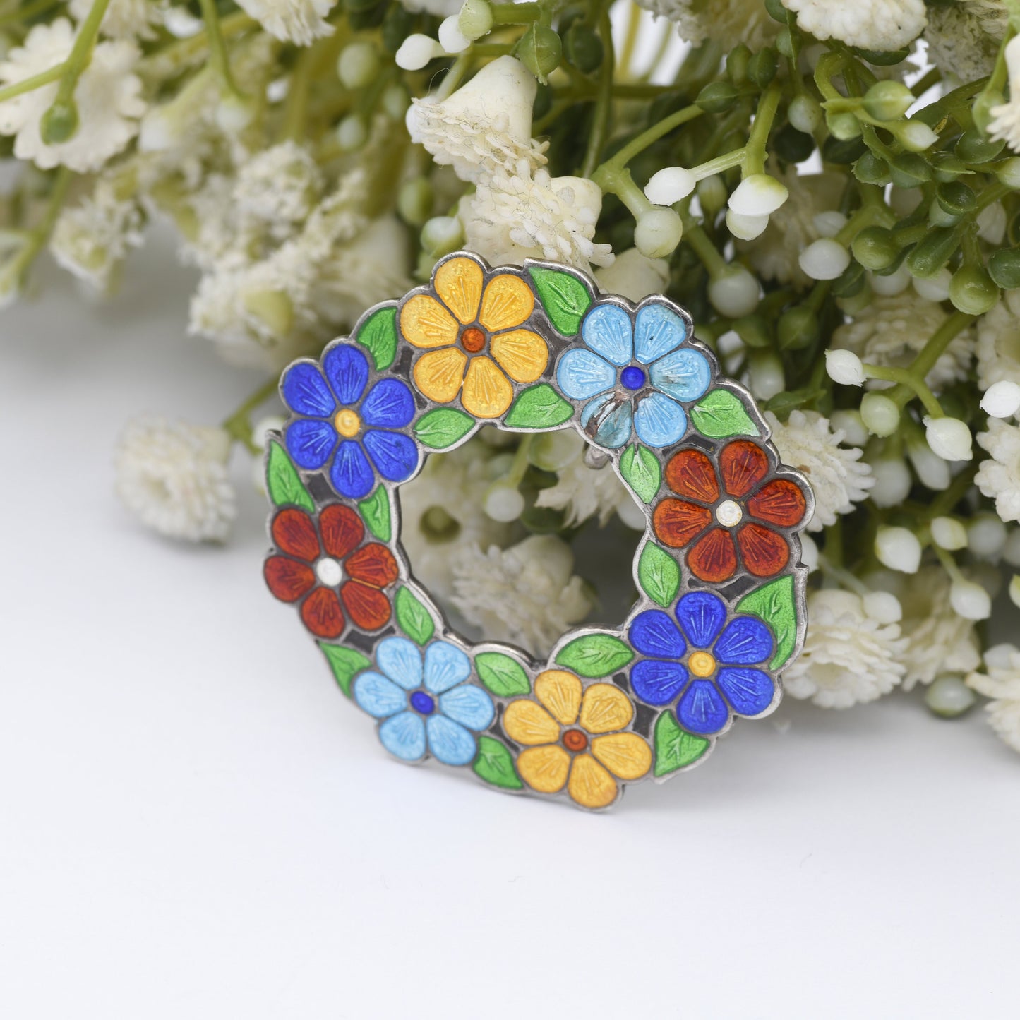 Vintage Sterling Silver Enamel Flower Wreath Pendant 1946 by A H Darby & Son - Bright Guilloche Enamel | Spring Jewellery