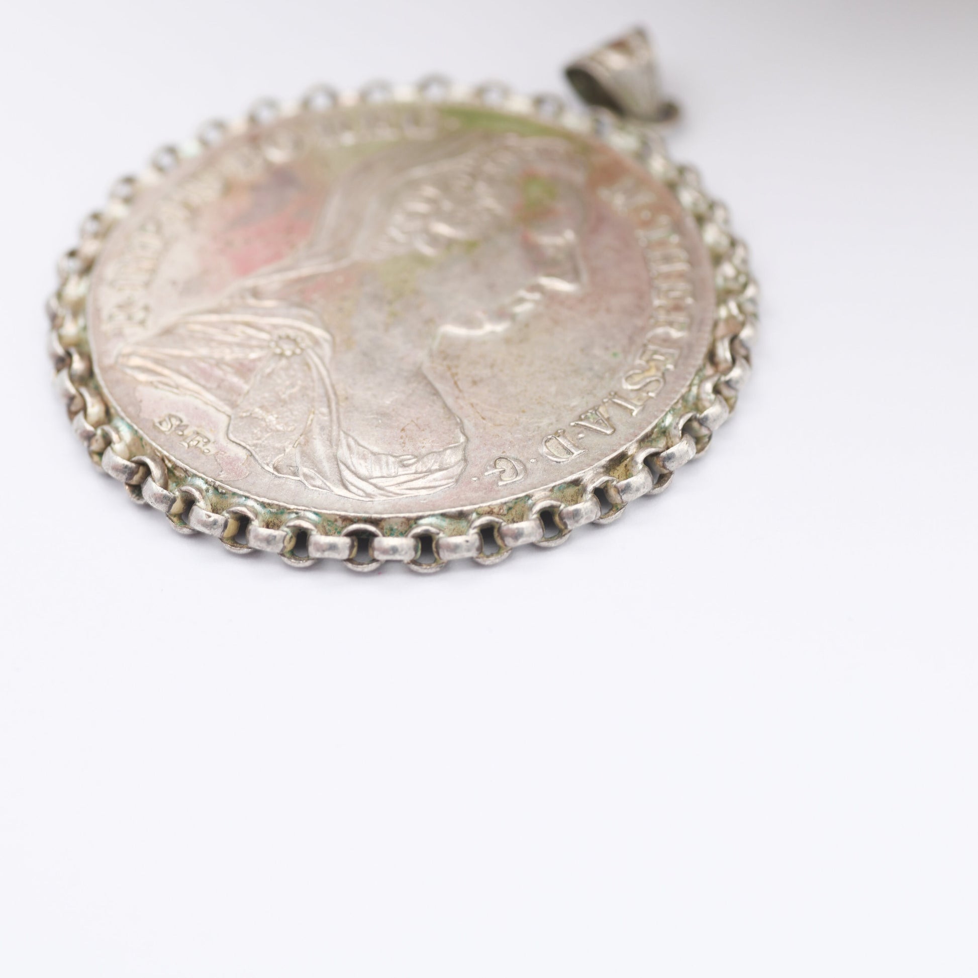 Antique Silver Maria Theresa Thaler Coin Pendant in 800 Silver Chain Mount - Dated 1780 Austrian Large Coin