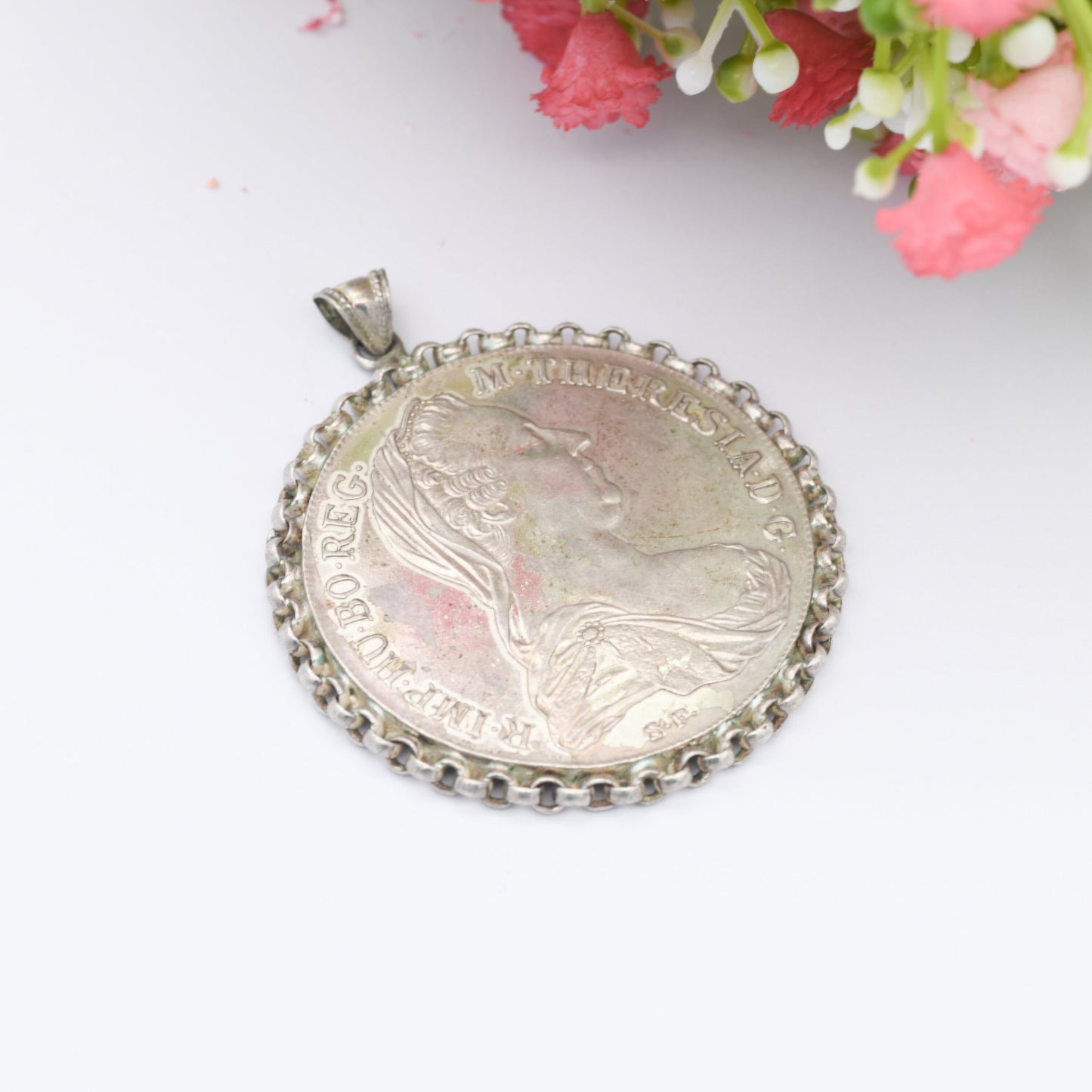 Antique Silver Maria Theresa Thaler Coin Pendant in 800 Silver Chain Mount - Dated 1780 Austrian Large Coin