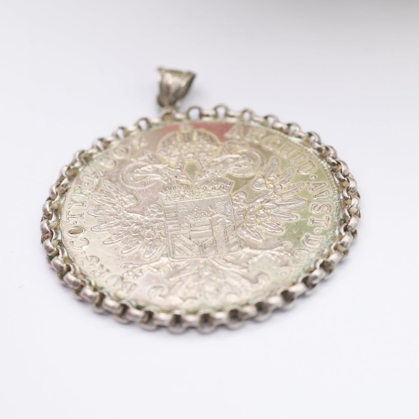 Antique Silver Maria Theresa Thaler Coin Pendant in 800 Silver Chain Mount - Dated 1780 Austrian Large Coin