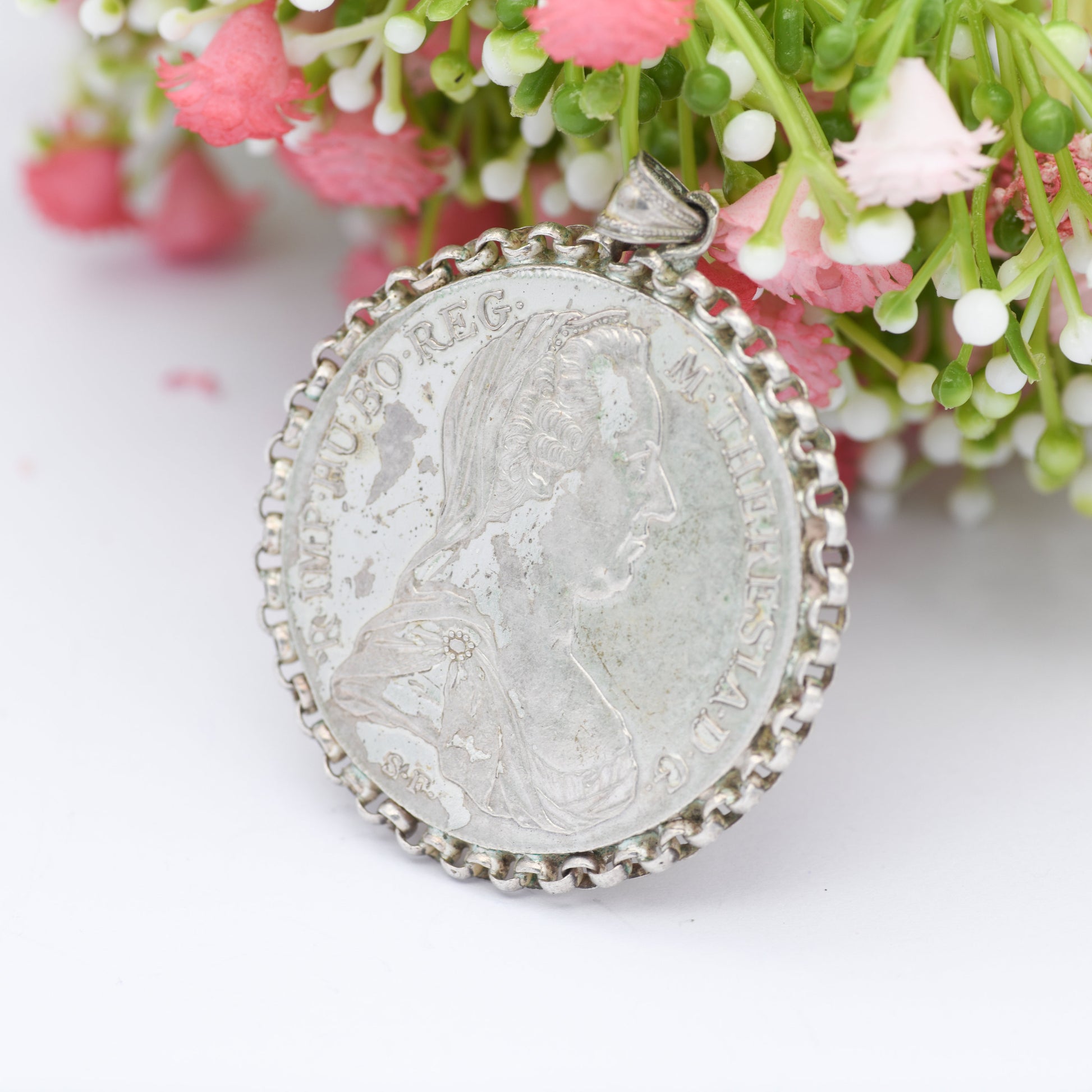 Antique Silver Maria Theresa Thaler Coin Pendant in 800 Silver Chain Mount - Dated 1780 Austrian Large Coin