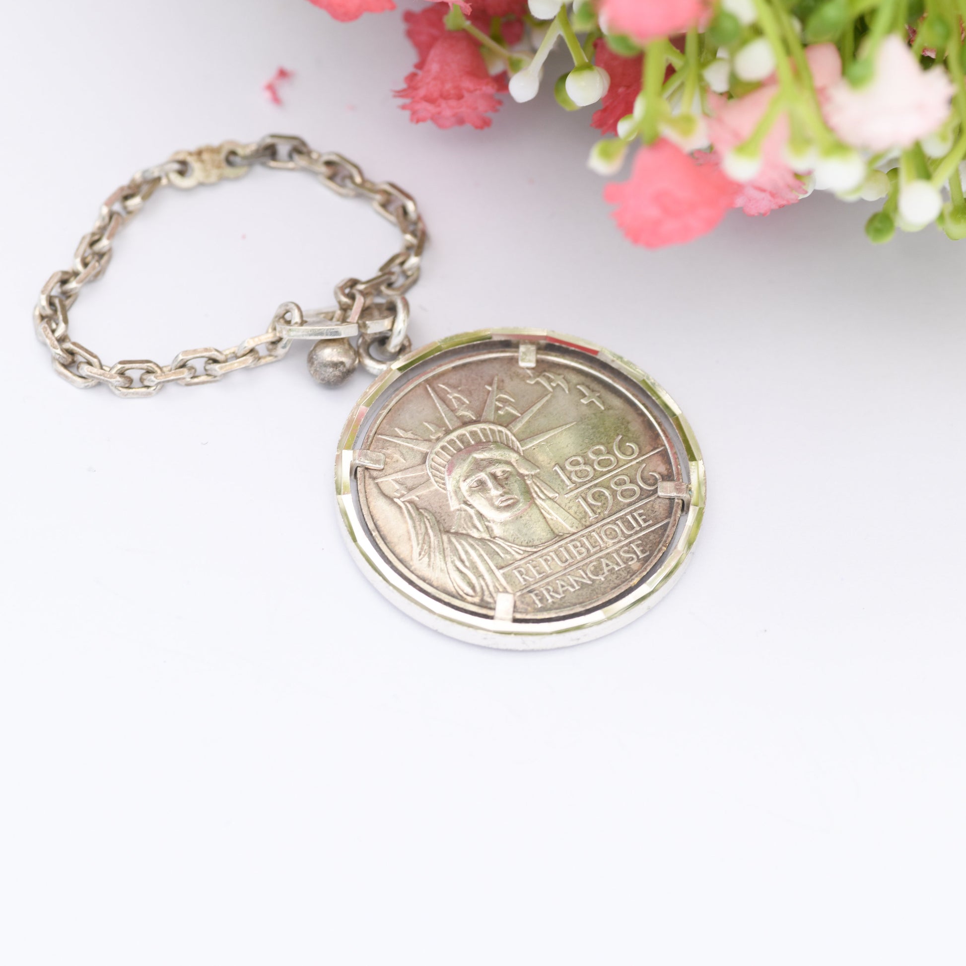 Vintage Silver 100 Francs 1986 French Coin Pendant Fob - 100th Anniversary of Statue of Liberty Coin USA