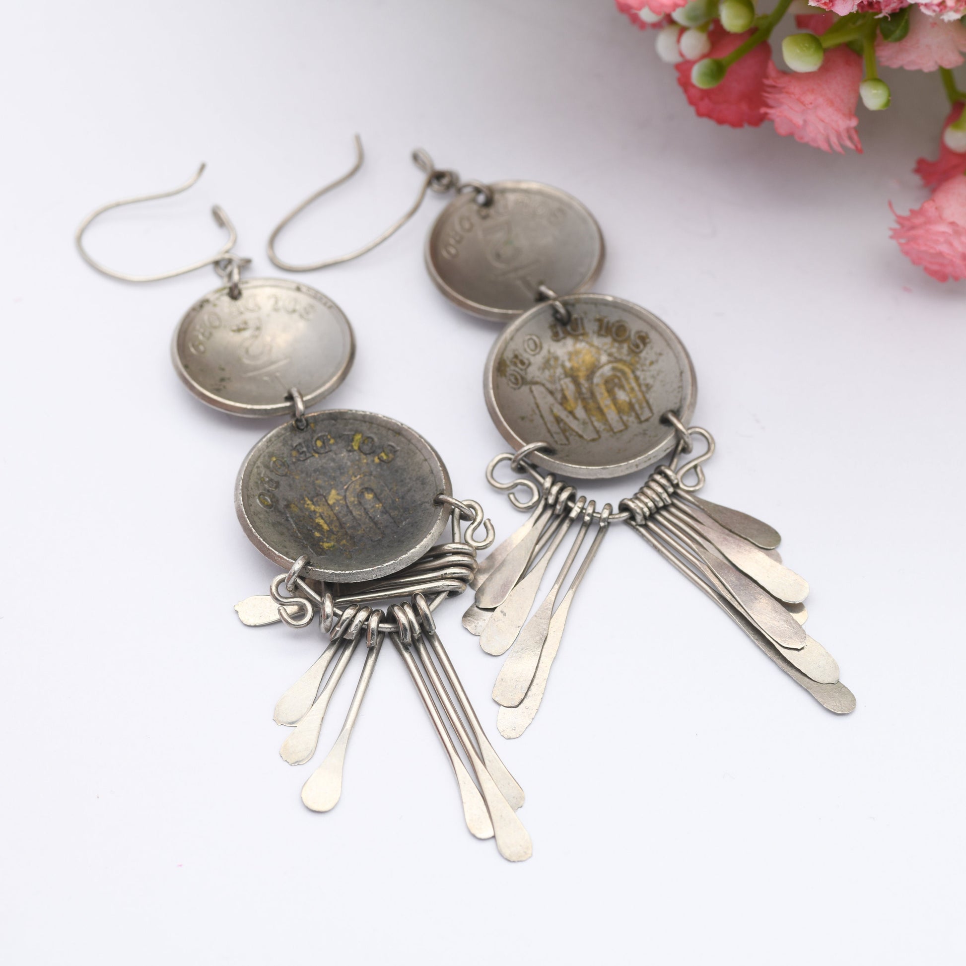 Vintage Peru Coin Dangle Earrings - 1 Sol 1/2 Sol de Oro | Silver Plated Coin Jewellery | Dramatic Statement Tassel Drops