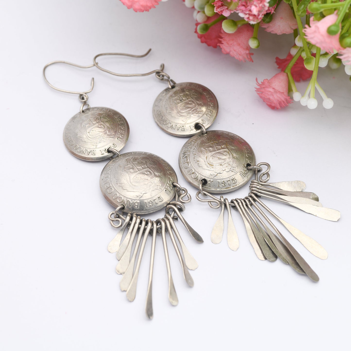 Vintage Peru Coin Dangle Earrings - 1 Sol 1/2 Sol de Oro | Silver Plated Coin Jewellery | Dramatic Statement Tassel Drops