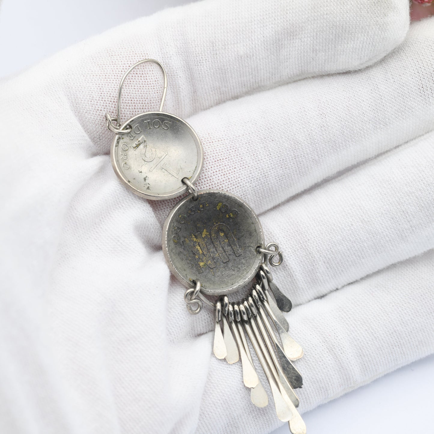 Vintage Peru Coin Dangle Earrings - 1 Sol 1/2 Sol de Oro | Silver Plated Coin Jewellery | Dramatic Statement Tassel Drops