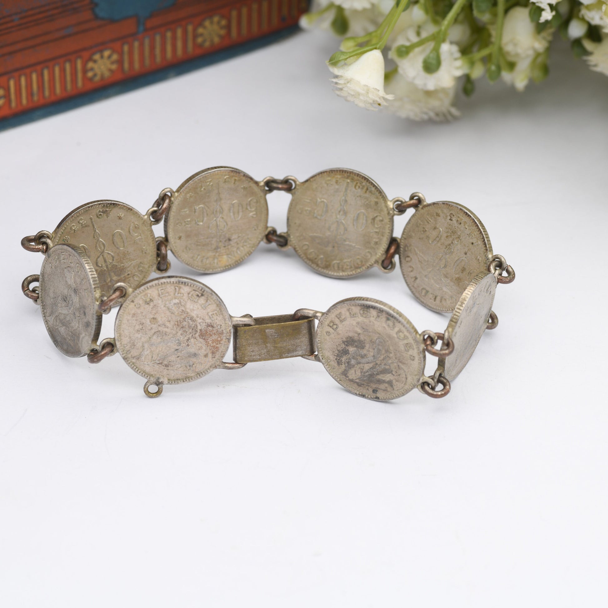 Antique Belgian Coin Bracelet 50 Centimes - 1923 to 1933 | French Text | Dutch Text | Vintage Coin Jewellery