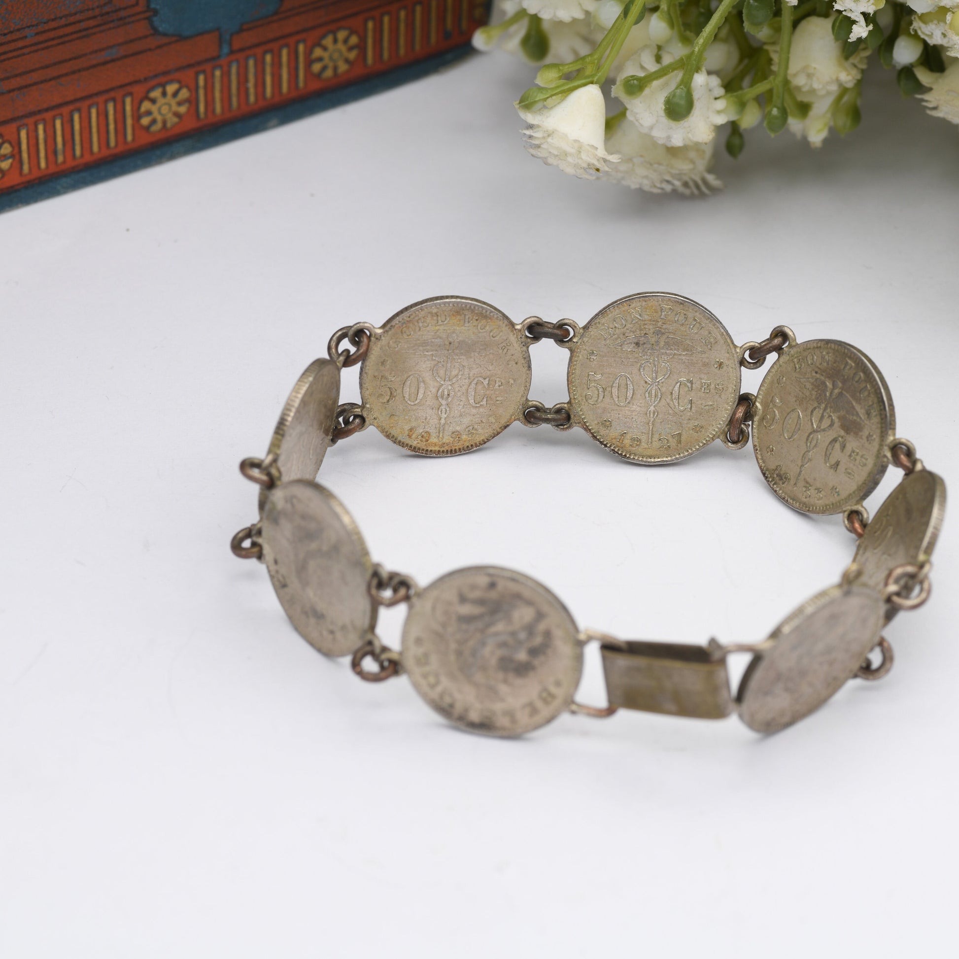 Antique Belgian Coin Bracelet 50 Centimes - 1923 to 1933 | French Text | Dutch Text | Vintage Coin Jewellery