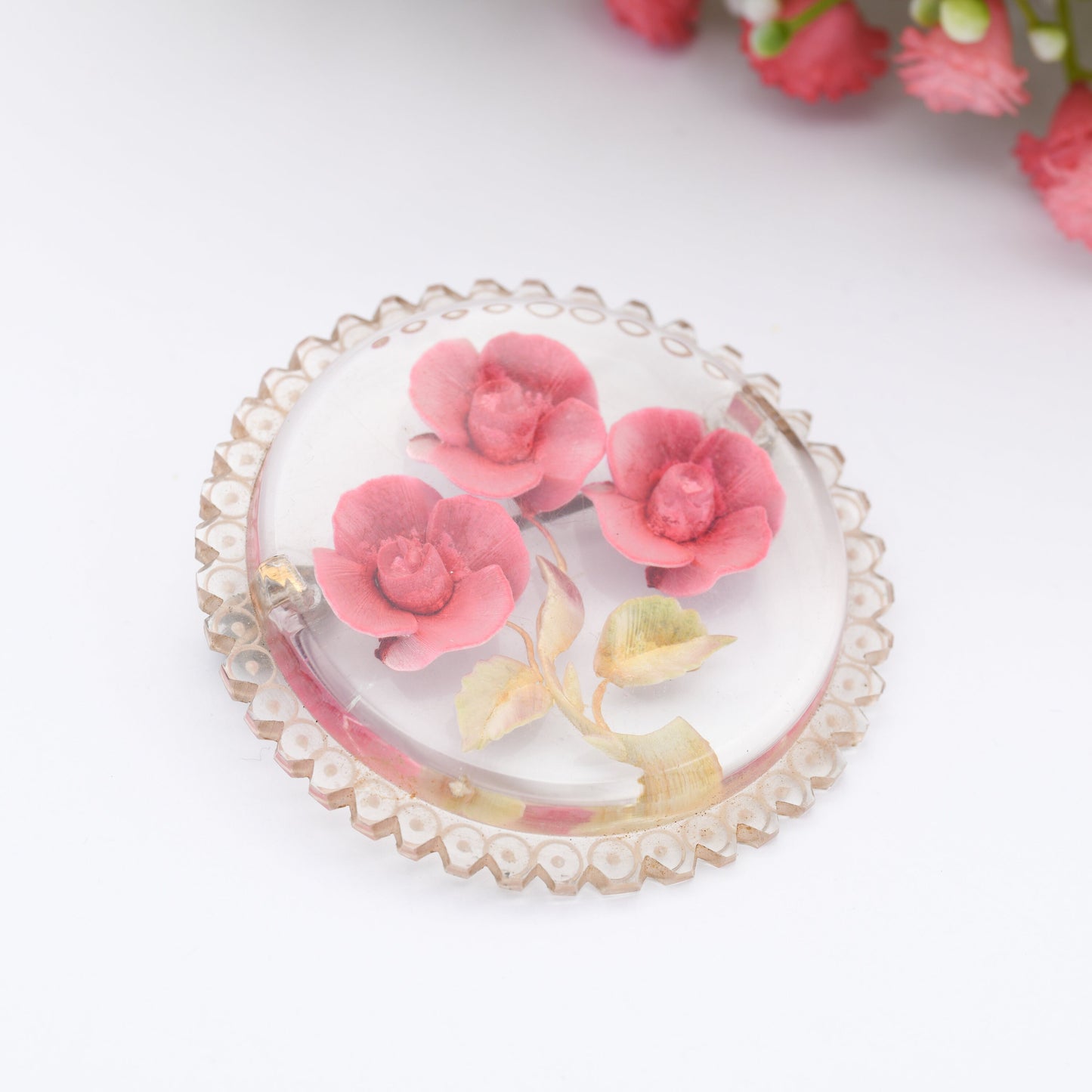 Vintage Lucite Reverse Carved Pink Flower Brooch - Large Chunky Kitsch Brooch | Early Plastic Costume Jewellery