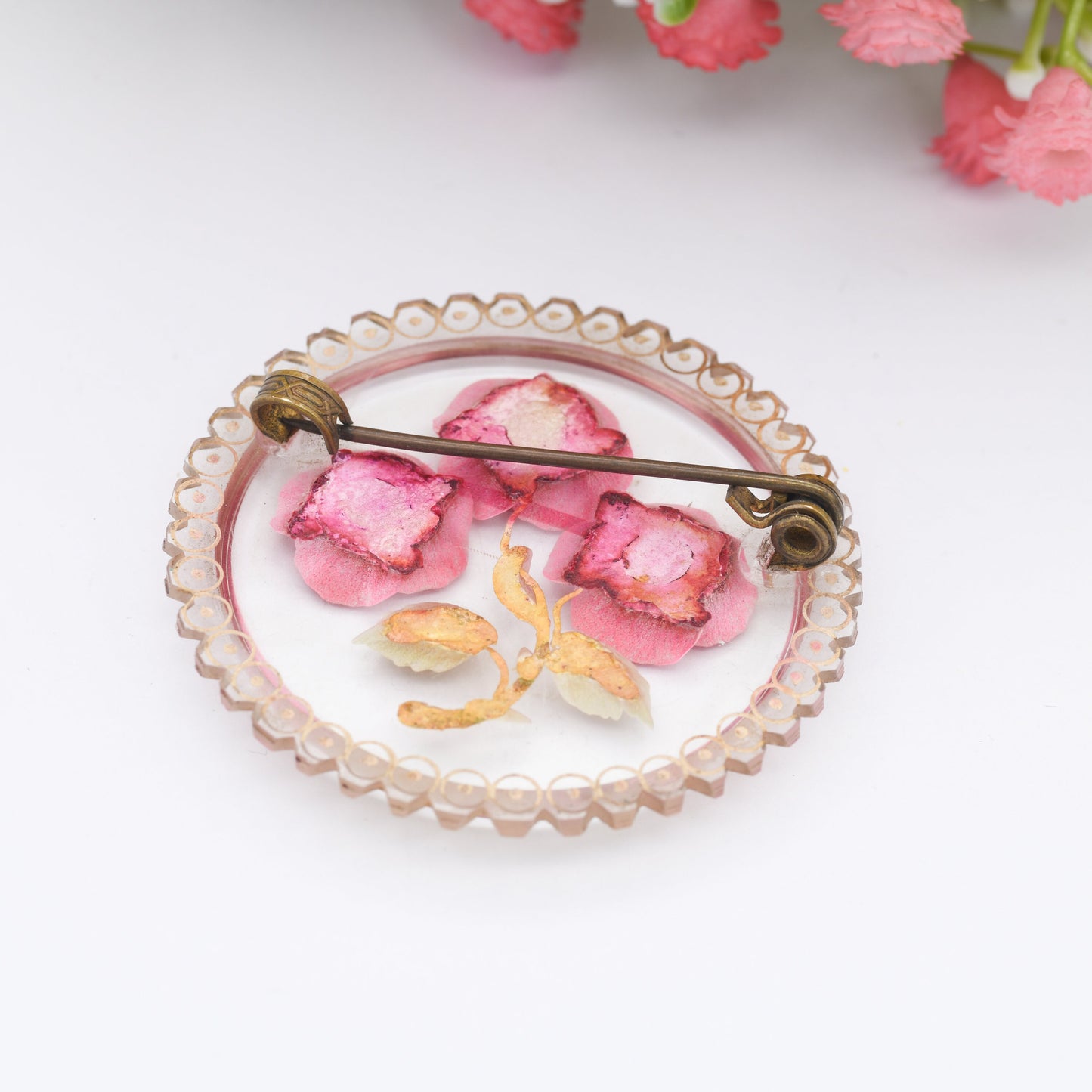 Vintage Lucite Reverse Carved Pink Flower Brooch - Large Chunky Kitsch Brooch | Early Plastic Costume Jewellery