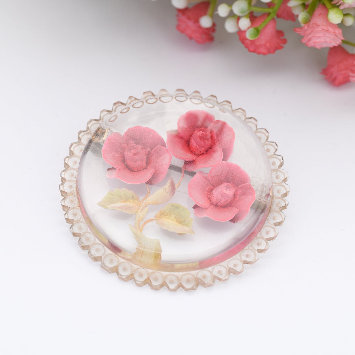 Vintage Lucite Reverse Carved Pink Flower Brooch - Large Chunky Kitsch Brooch | Early Plastic Costume Jewellery