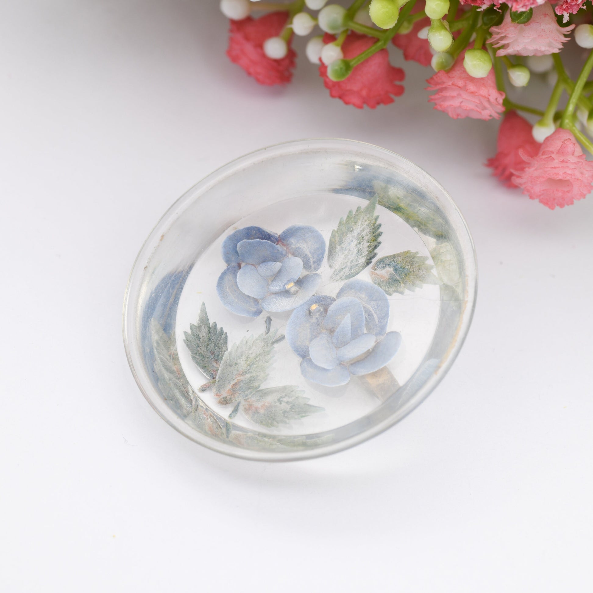 Vintage Lucite Reverse Carved Floral Brooch - Two Blue Flowers | Chunky Circle | Early Plastic Costume Jewellery