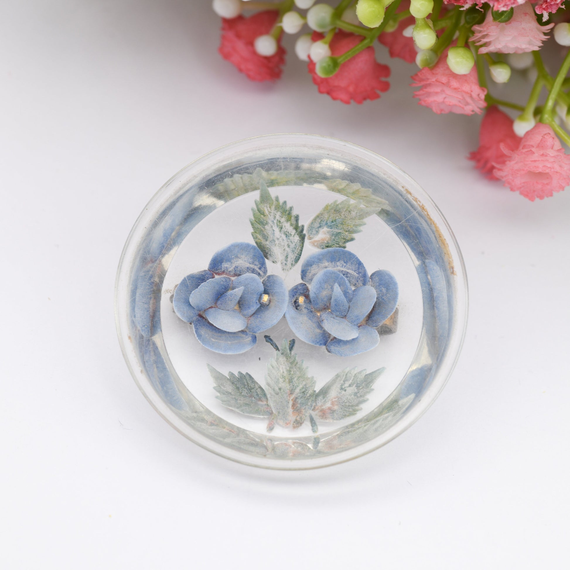 Vintage Lucite Reverse Carved Floral Brooch - Two Blue Flowers | Chunky Circle | Early Plastic Costume Jewellery