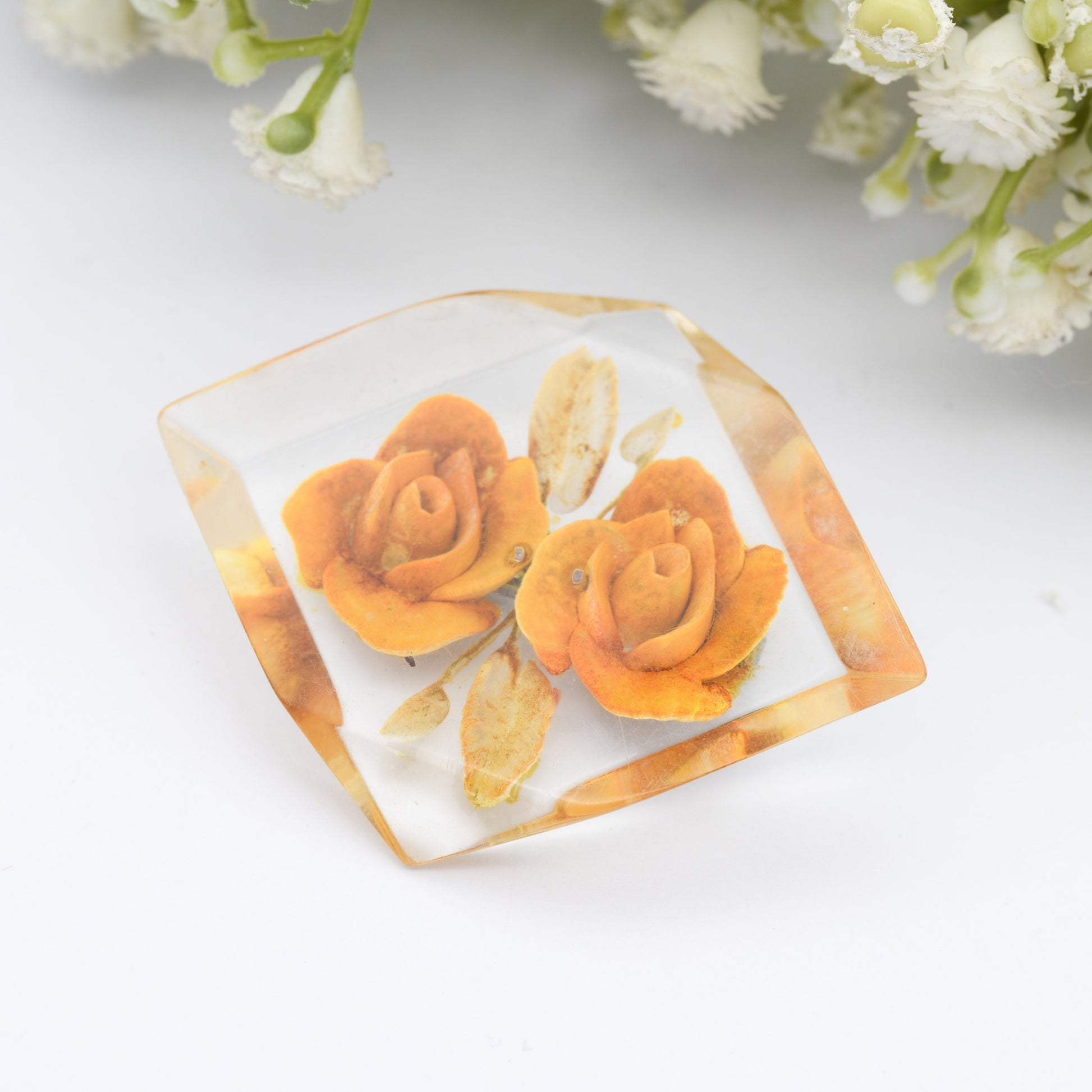 Vintage Lucite Reverse Carved Orange Flower Brooch - Unusual Shape | Retro Early Plastic Costume Jewellery