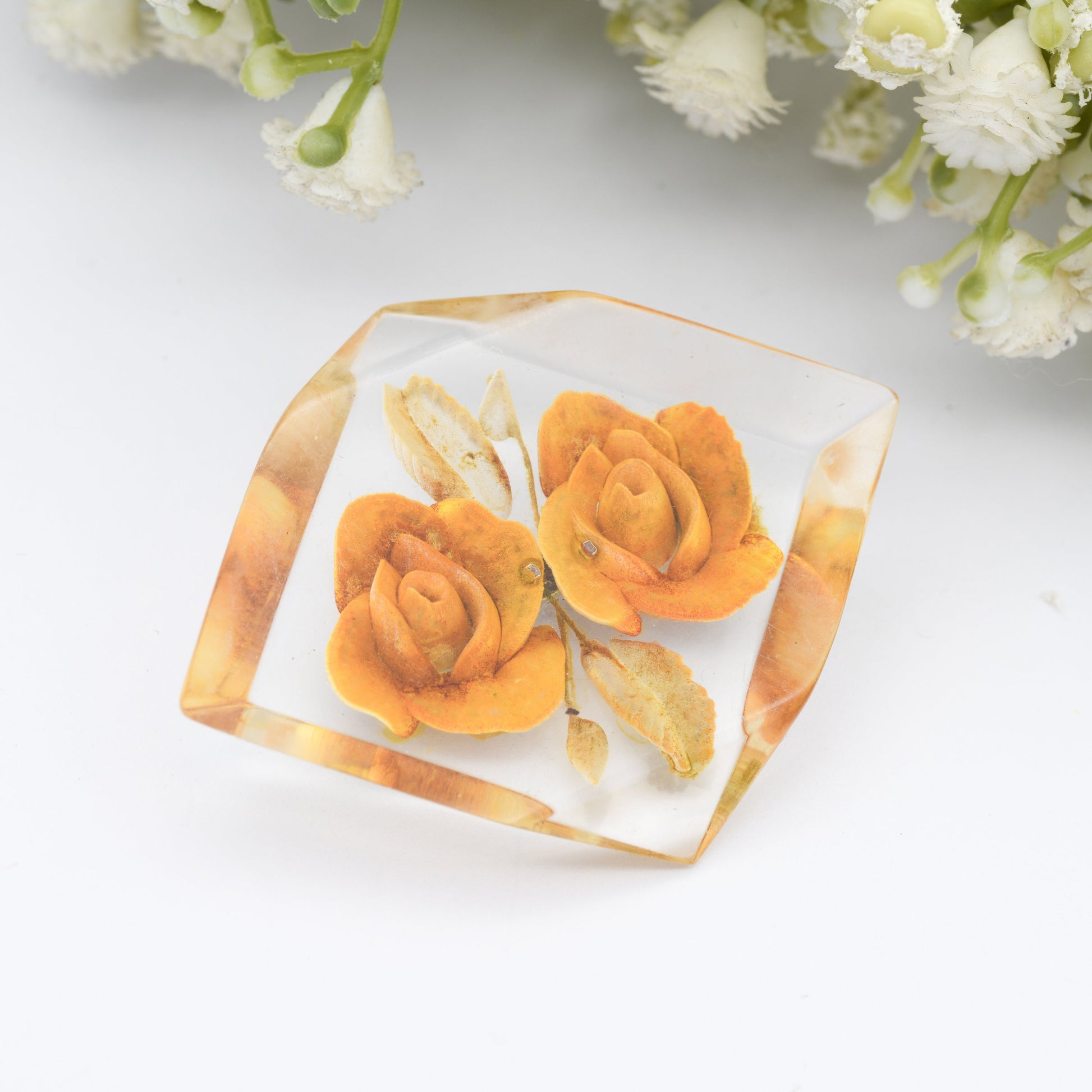 Vintage Lucite Reverse Carved Orange Flower Brooch - Unusual Shape | Retro Early Plastic Costume Jewellery