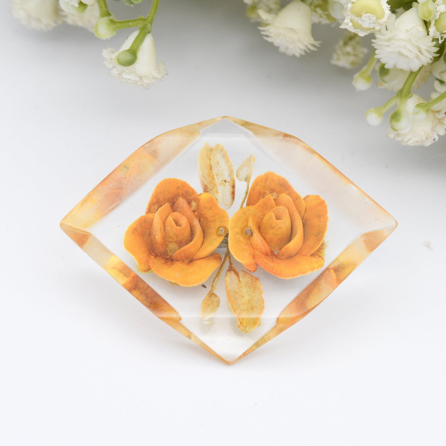 Vintage Lucite Reverse Carved Orange Flower Brooch - Unusual Shape | Retro Early Plastic Costume Jewellery