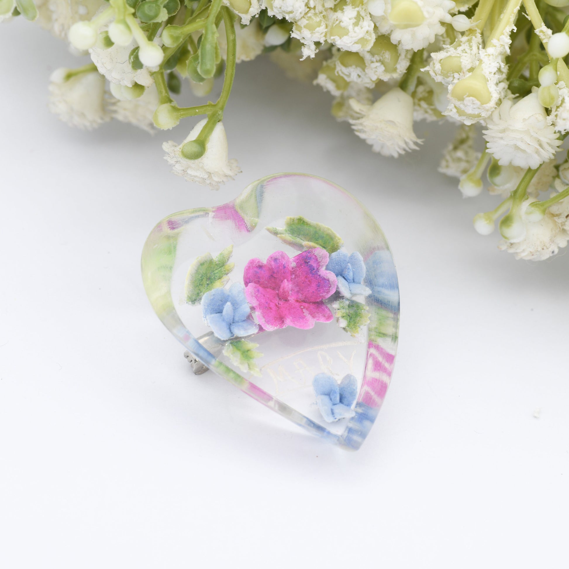 Vintage Lucite Reverse Flower Mary Name Brooch - Heart Shaped Early Plastic Costume Jewellery