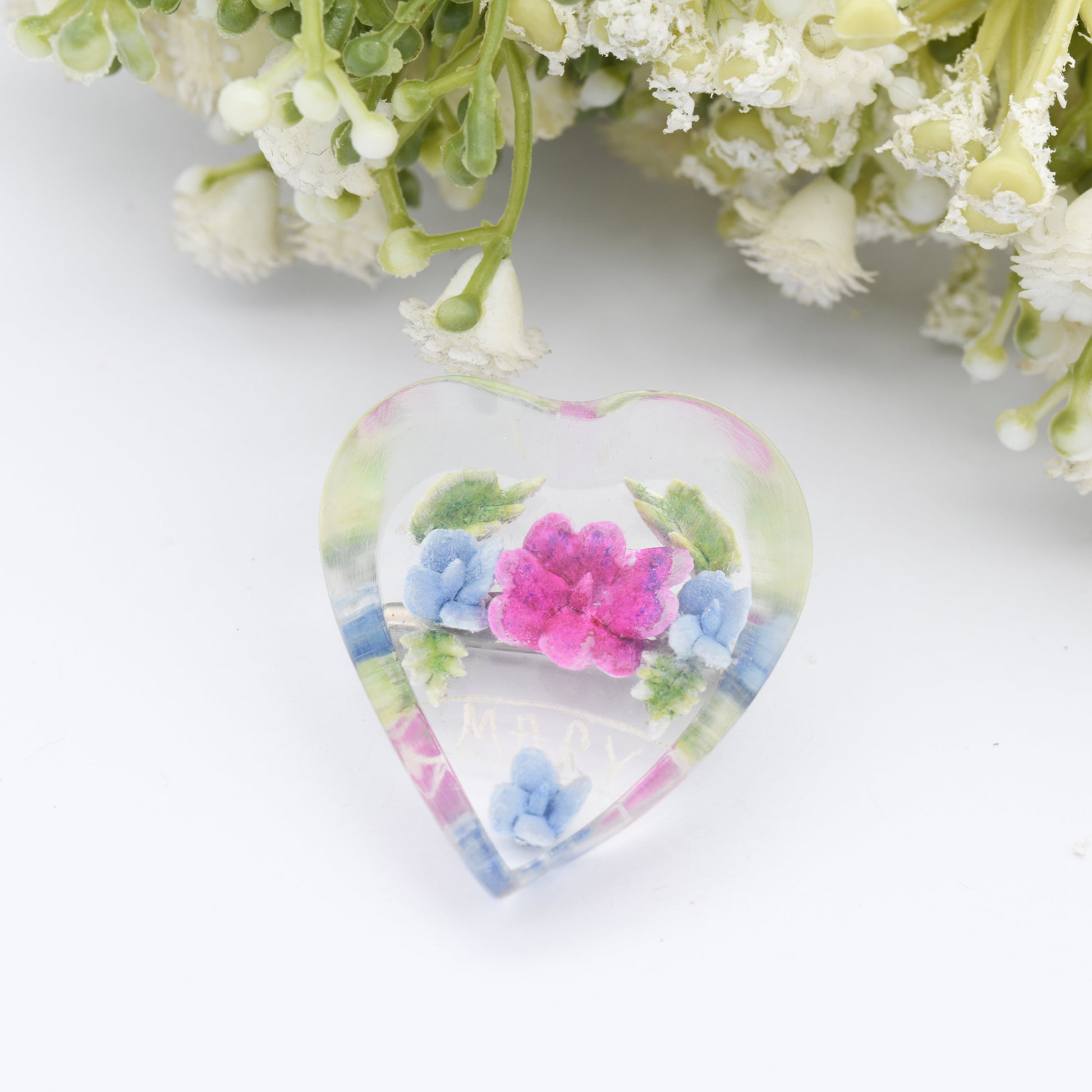 Vintage Lucite Reverse Flower Mary Name Brooch - Heart Shaped Early Plastic Costume Jewellery