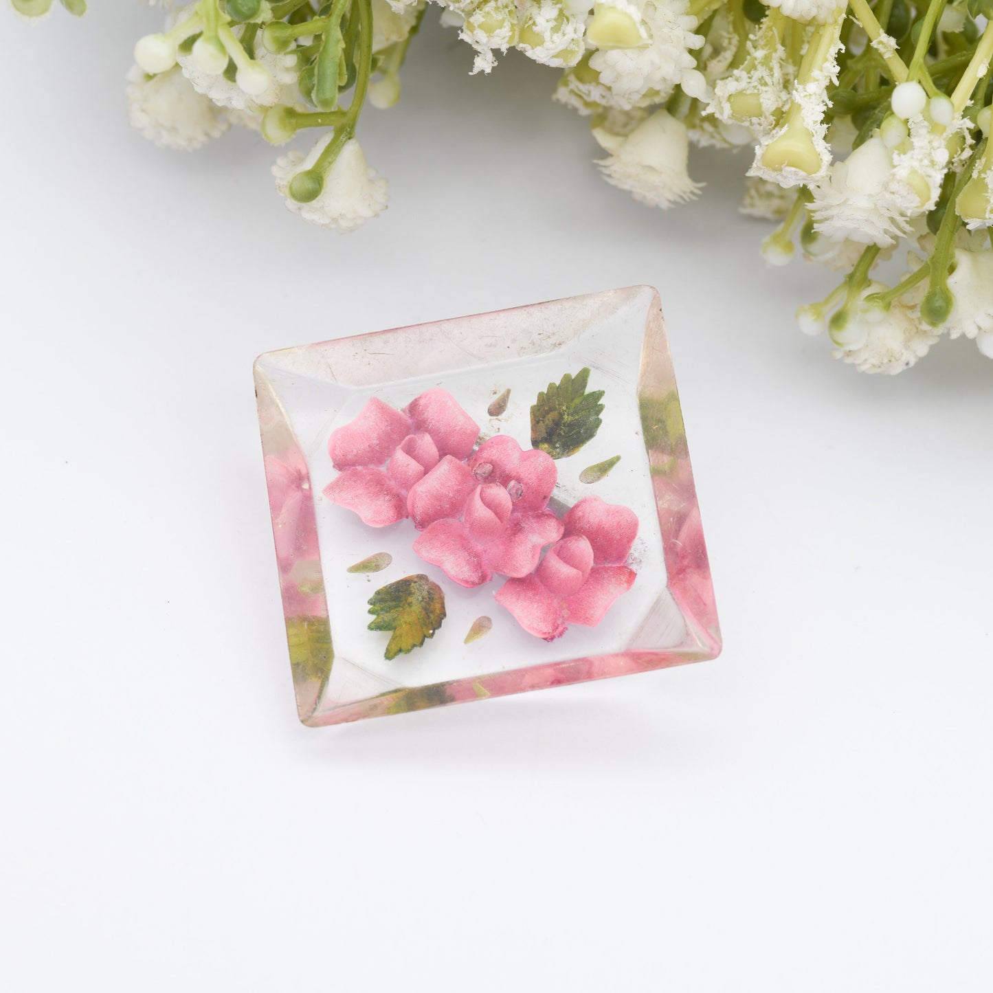 Vintage Lucite Reverse Carved Pink Flower Brooch - Hand Painted | Early Plastic Costume Jewellery