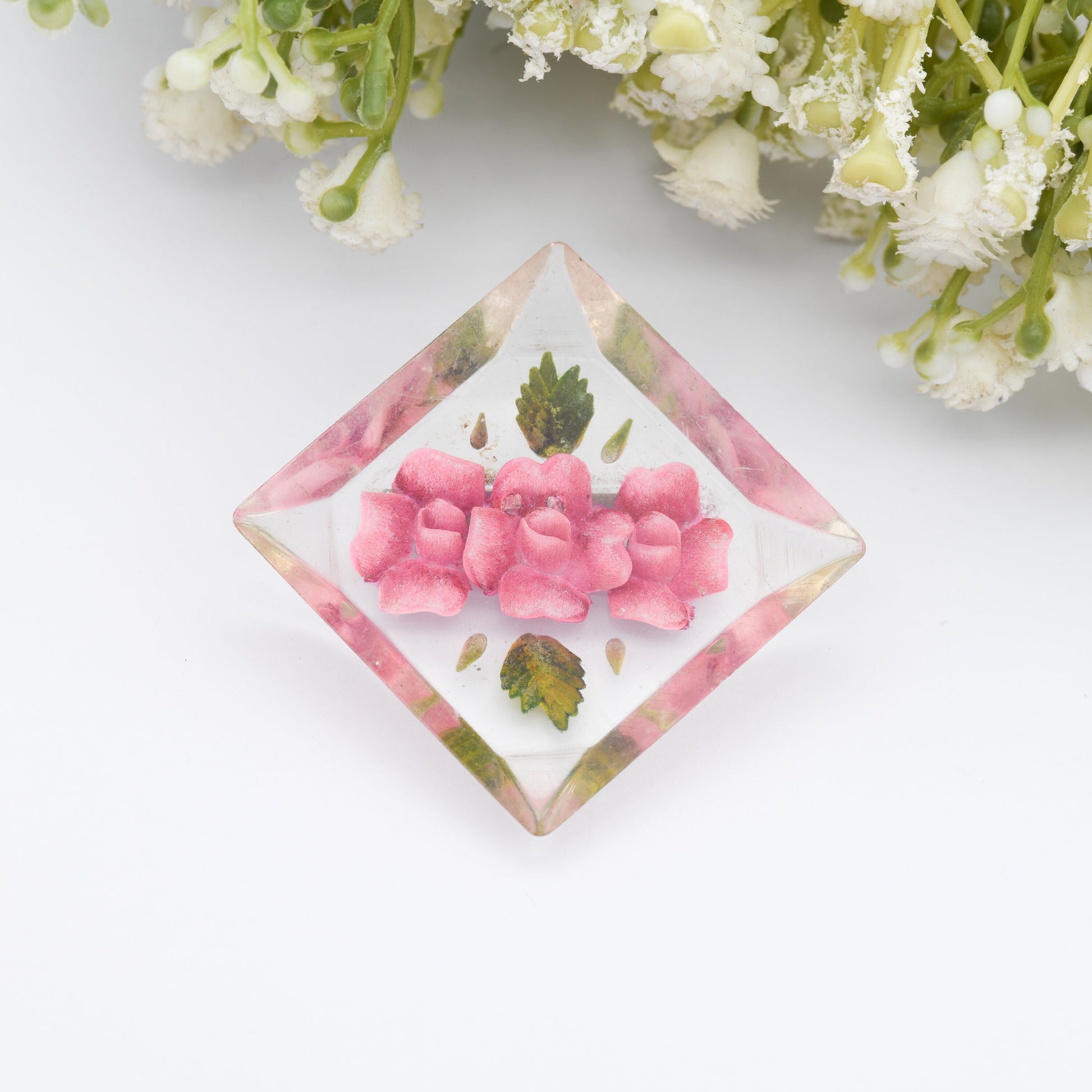 Vintage Lucite Reverse Carved Pink Flower Brooch - Hand Painted | Early Plastic Costume Jewellery