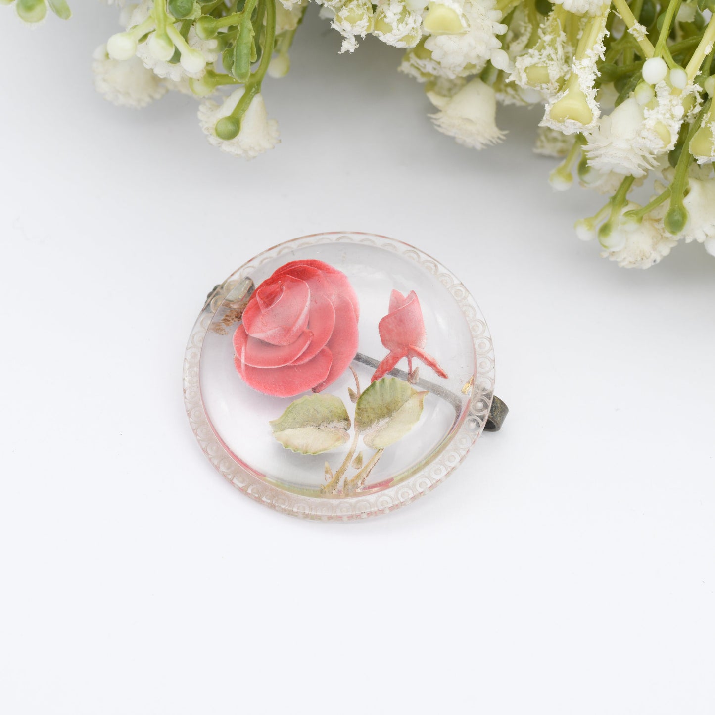 Vintage Lucite Reverse Carved Rose Brooch - Red Flowers | Hand Painted | Early Plastic Costume Jewellery