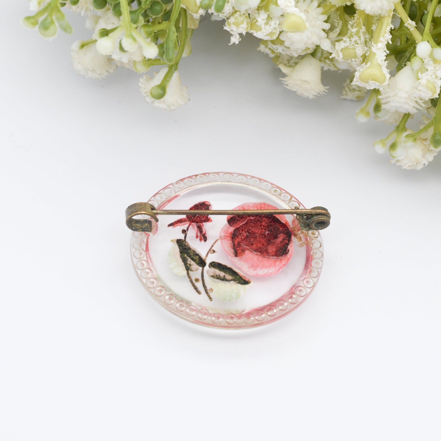 Vintage Lucite Reverse Carved Rose Brooch - Red Flowers | Hand Painted | Early Plastic Costume Jewellery