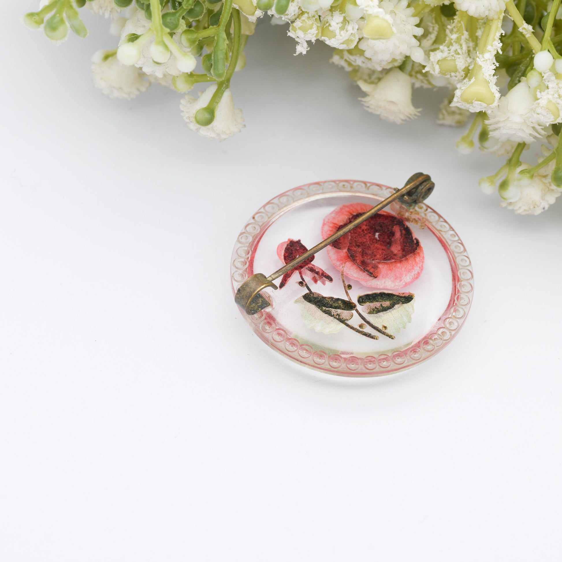 Vintage Lucite Reverse Carved Rose Brooch - Red Flowers | Hand Painted | Early Plastic Costume Jewellery