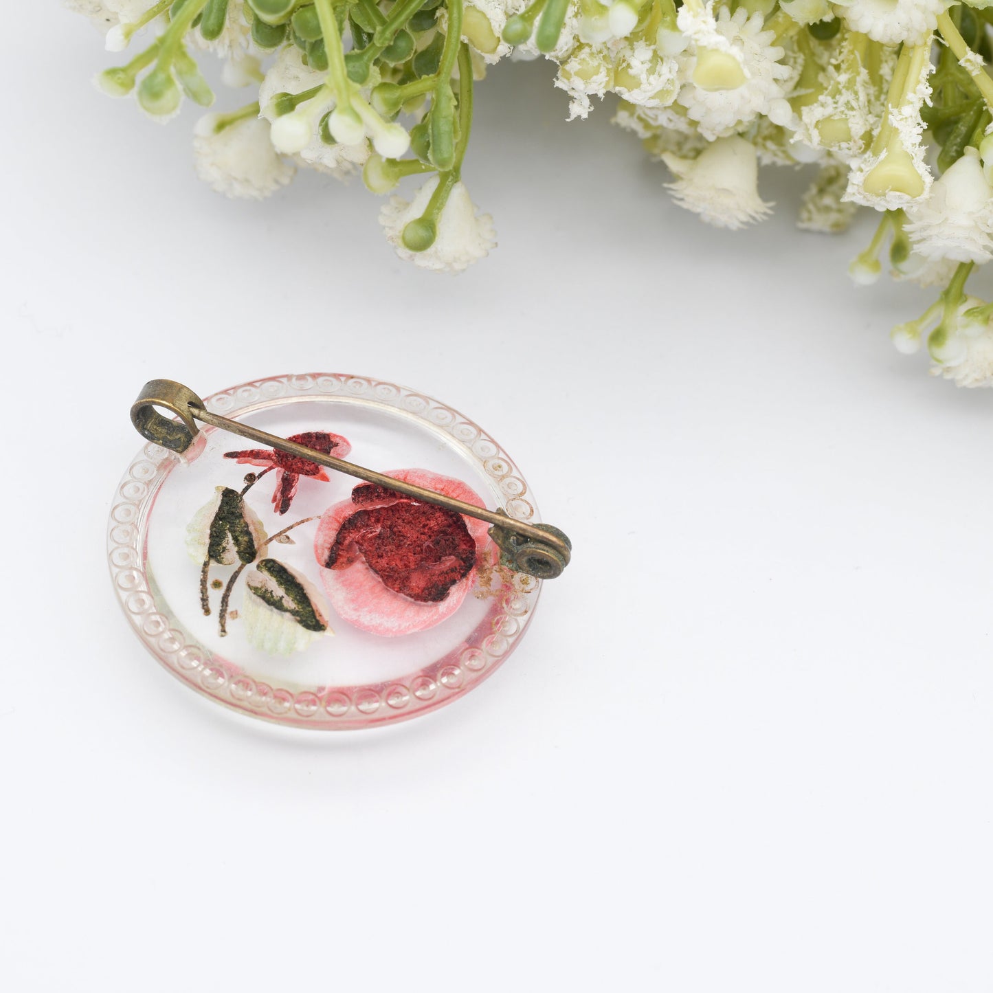 Vintage Lucite Reverse Carved Rose Brooch - Red Flowers | Hand Painted | Early Plastic Costume Jewellery