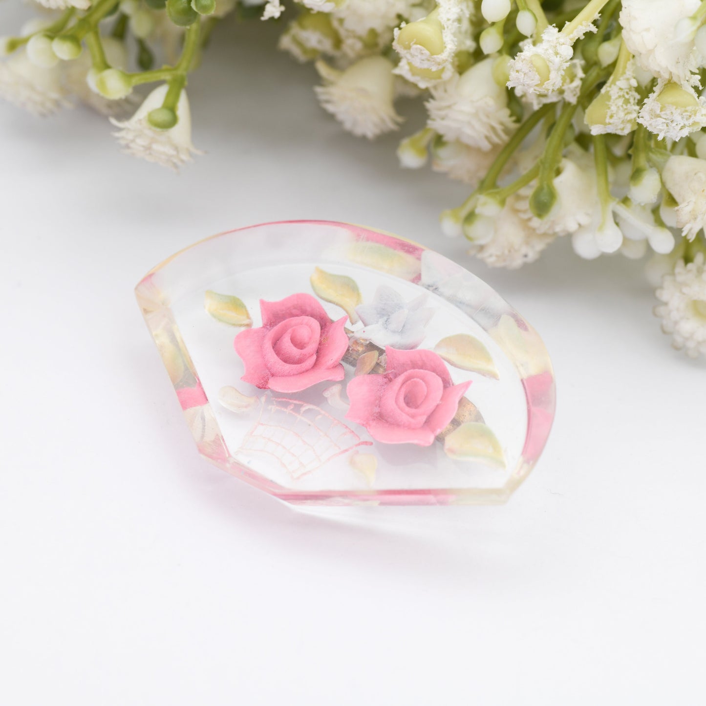 Vintage Lucite Reverse Carved Flower Vase Brooch - Pink Roses | Retro Early Plastic Costume Jewellery