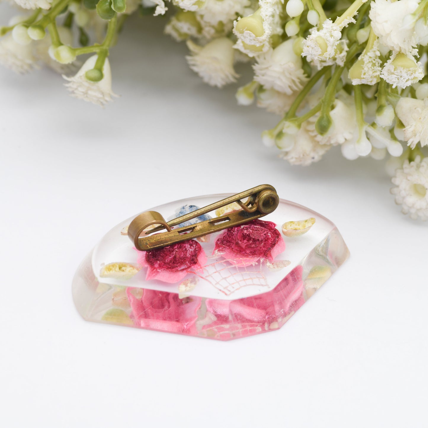 Vintage Lucite Reverse Carved Flower Vase Brooch - Pink Roses | Retro Early Plastic Costume Jewellery