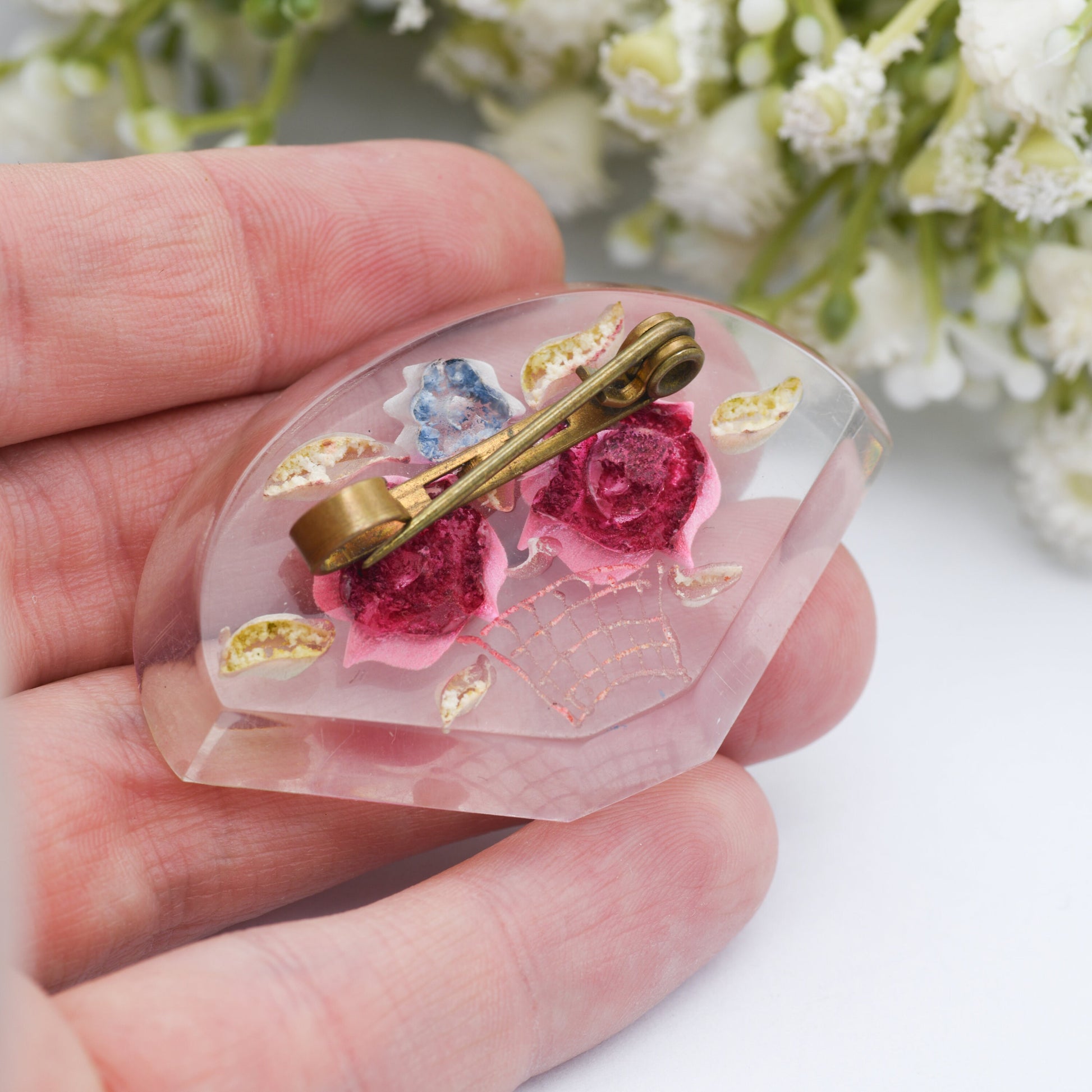 Vintage Lucite Reverse Carved Flower Vase Brooch - Pink Roses | Retro Early Plastic Costume Jewellery